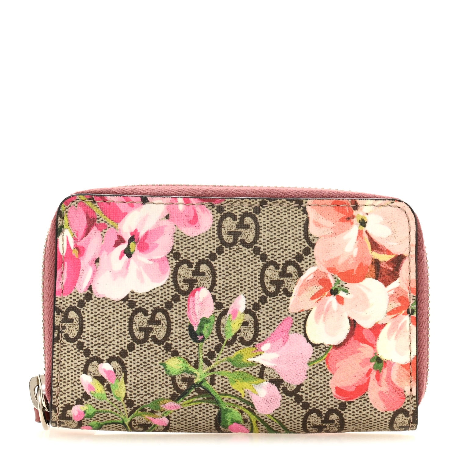 Gucci GG Supreme Monogram Blooms Zip Around Card Case Wallet Beige