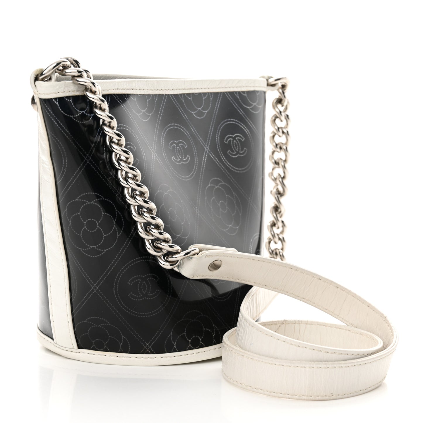 Crumpled Calfskin PVC Camellia Coco Bucket Bag Black White