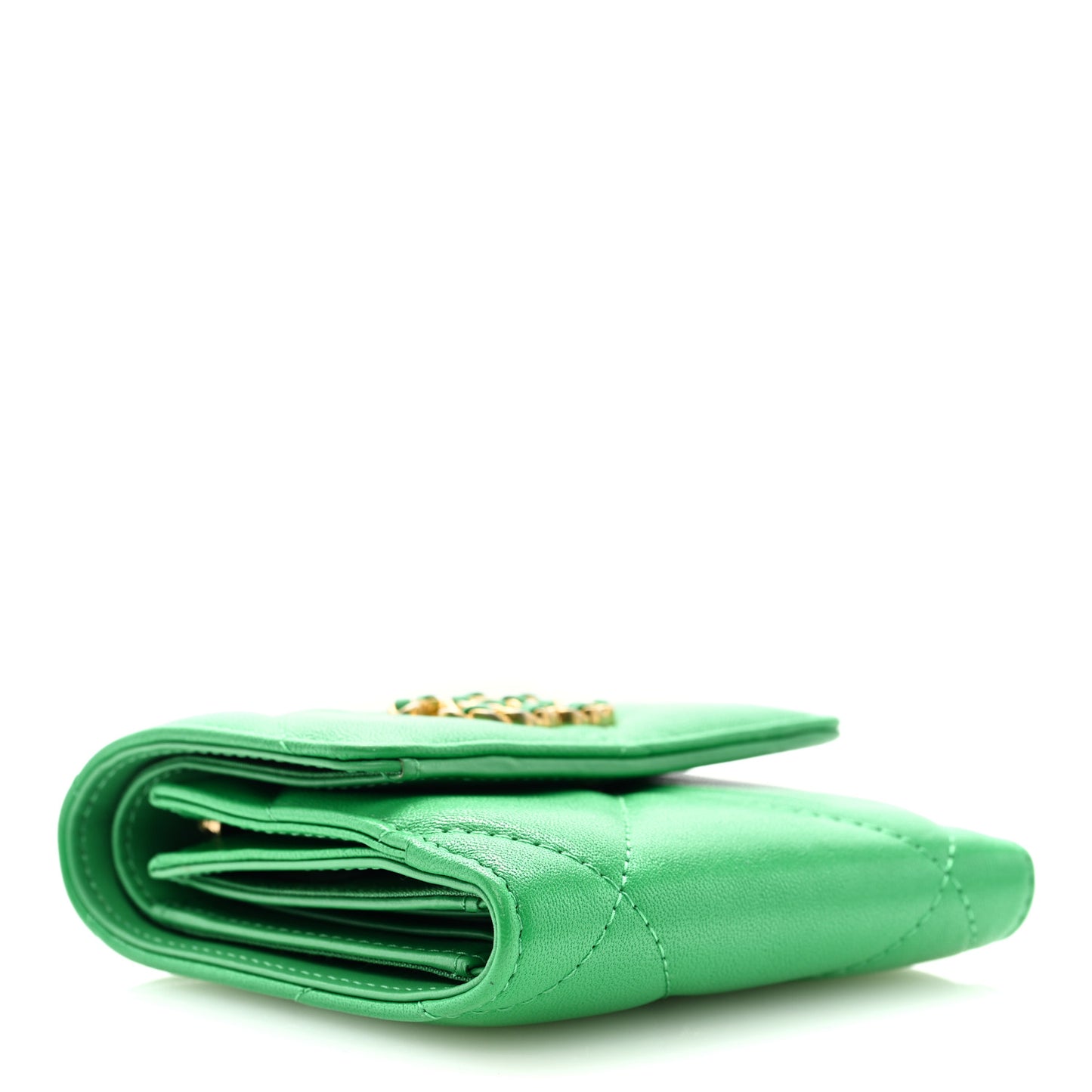 Goatskin Quilted Chanel 19 Small Flap Wallet Green
