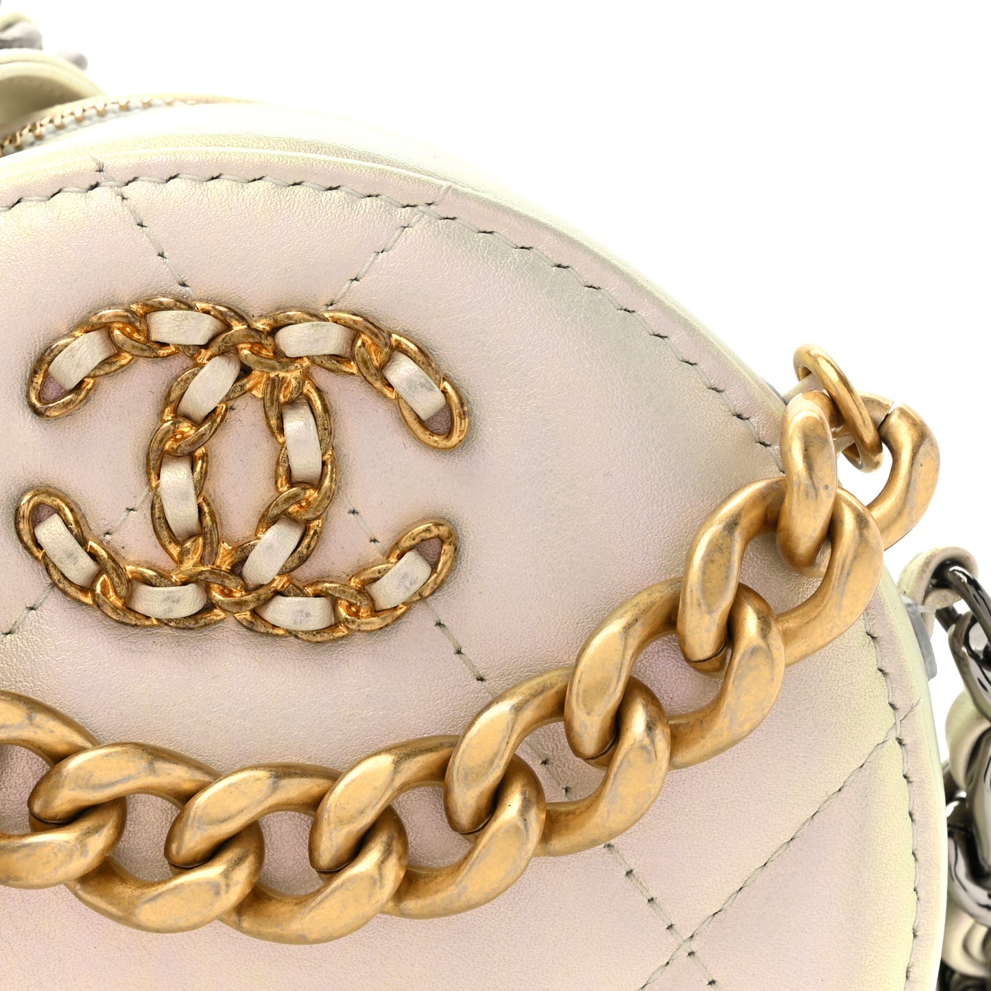 Iridescent Calfskin Quilted Chanel 19 Round Clutch With Chain White