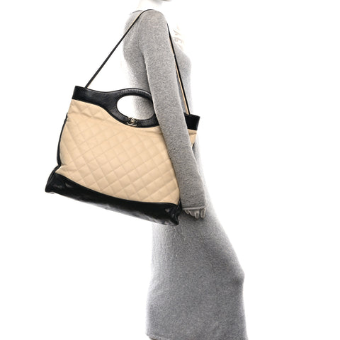 Aged Calfskin Quilted Large 31 Shopping Bag Beige Black Beige Black