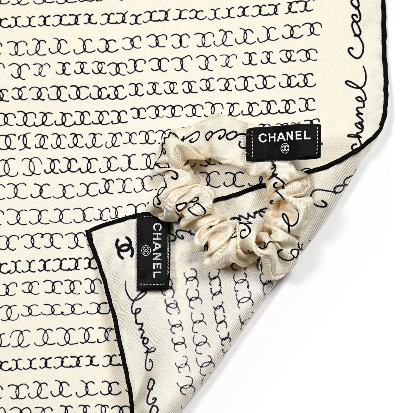 Silk Twill Square Scarf Hair Tie White Black