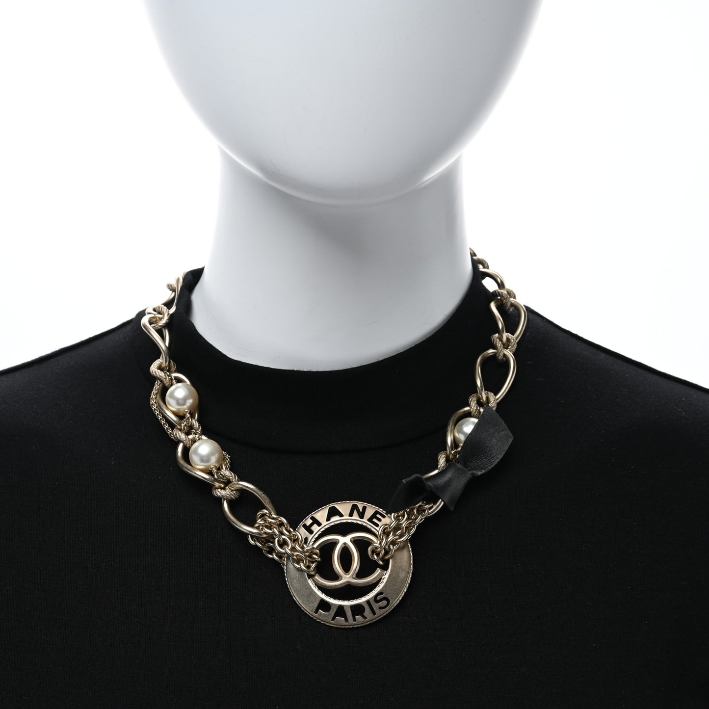 Metal Pearl Chain CC Paris Pendant Necklace Light Gold