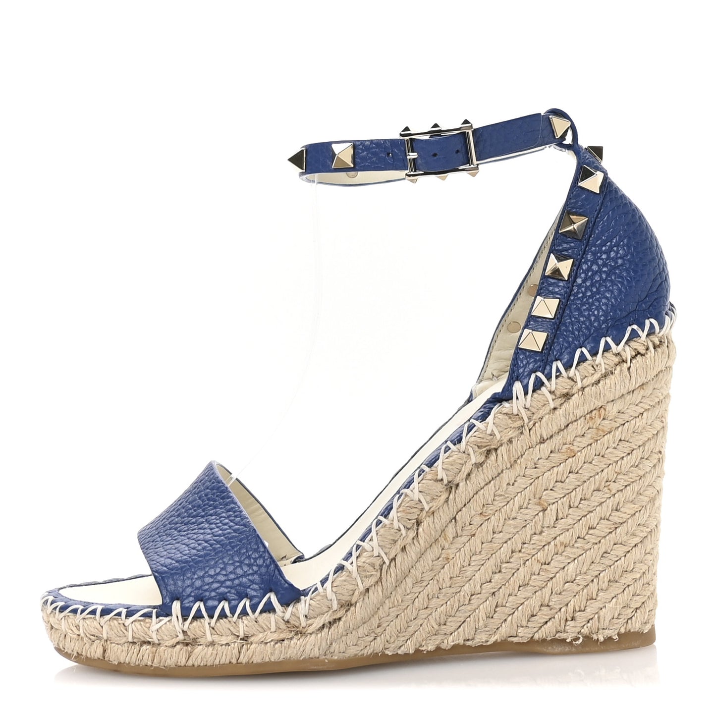 Grained Calfskin Rockstud Ankle Strap Espadrille Wedge Sandals 36 Baltique