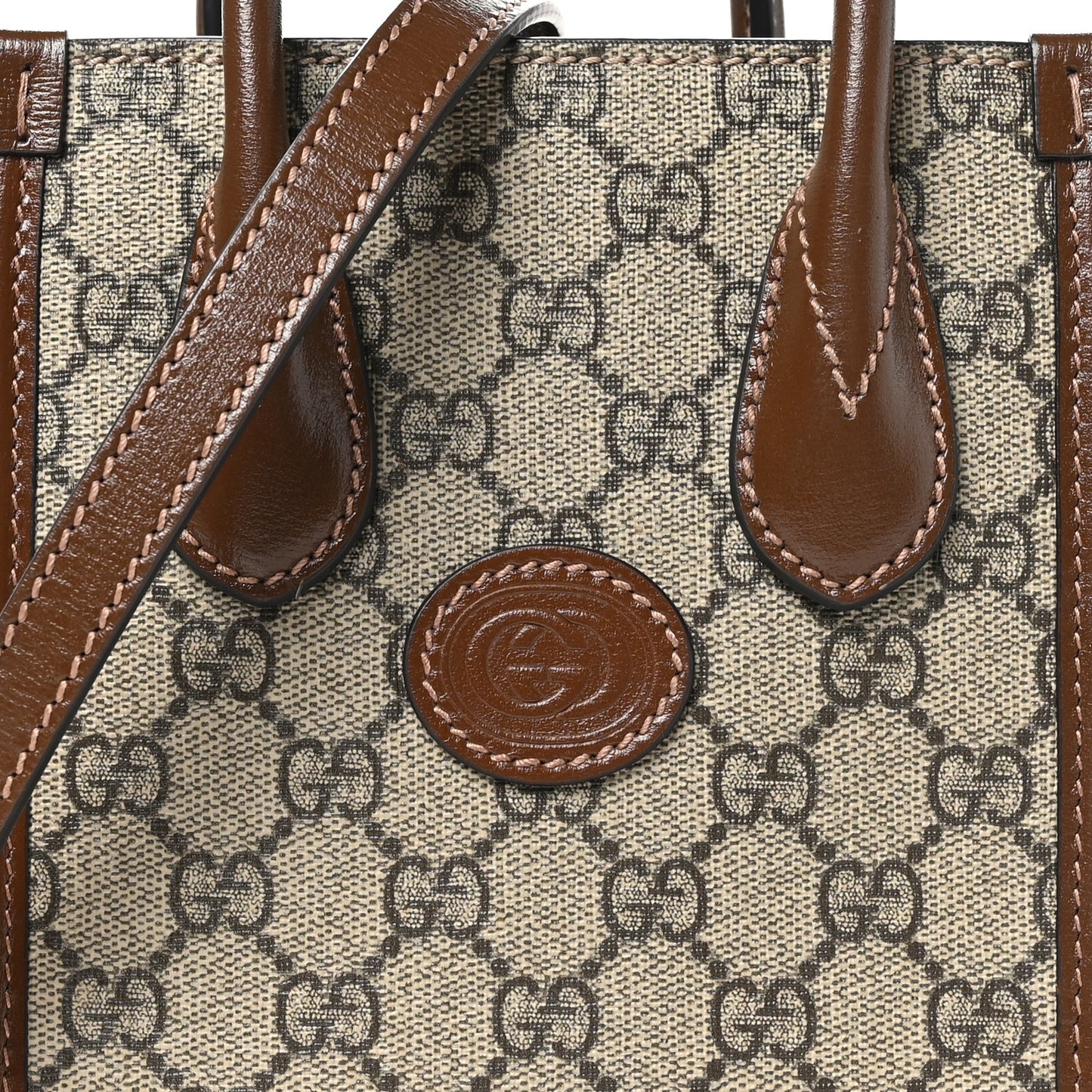 GG Supreme Monogram Azalea Calfskin Mini Retro Interlocking G Tote Bag Beige Ebony Brown Sugar