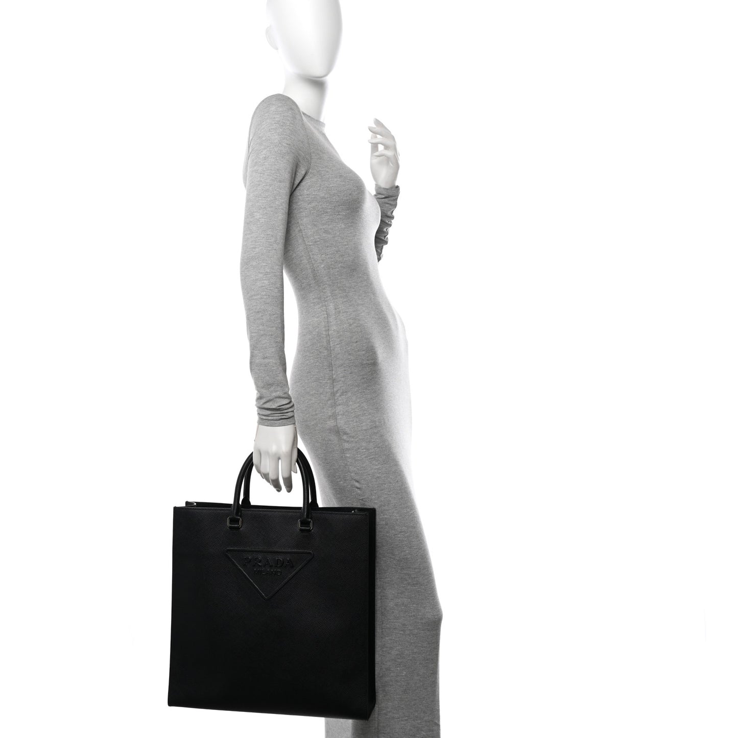 Saffiano Cuir Triangle Logo Embossed Vertical Tote Black