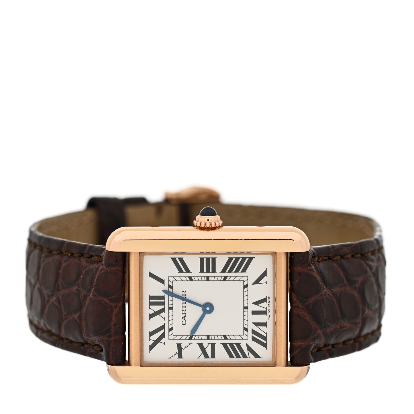 Stainless Steel 18K Pink Gold Alligator 24mm Tank Solo Quartz Watch Brown