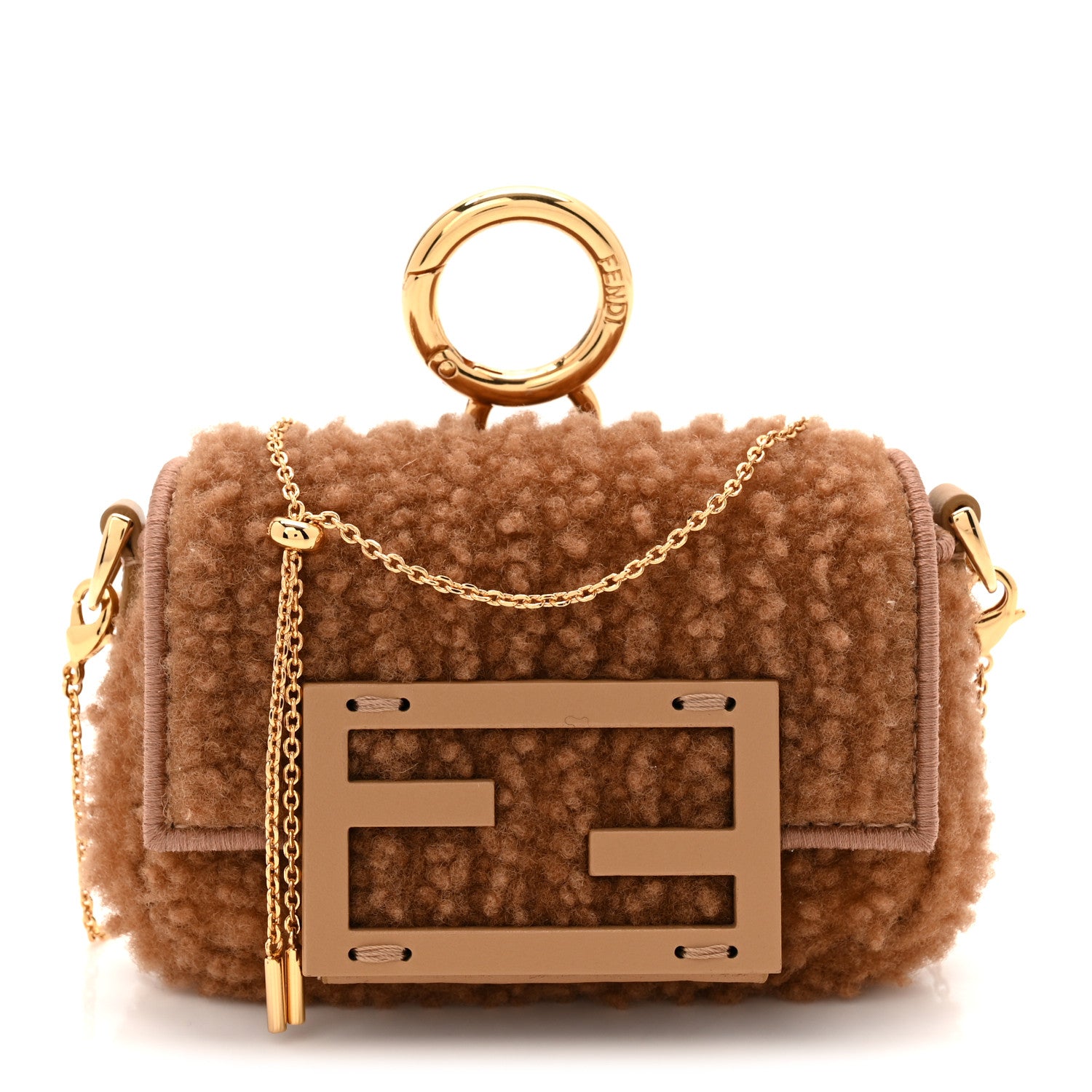 Fendi Shearling Nano Maxi Buckle Baguette Charm Camel 1824668