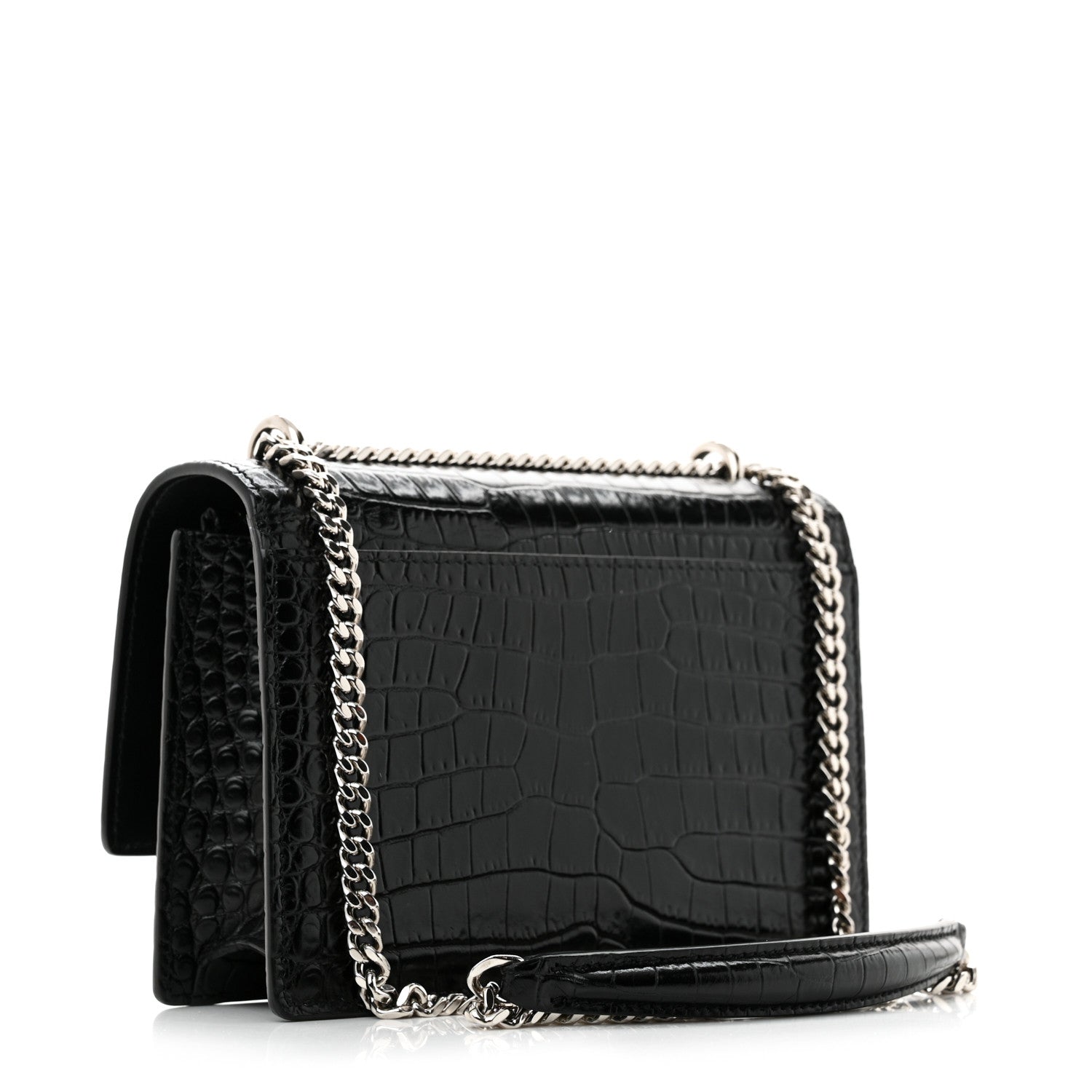 Saint Laurent Calfskin Crocodile Embossed Monogram Sunset Chain Wallet Black 3 of 11