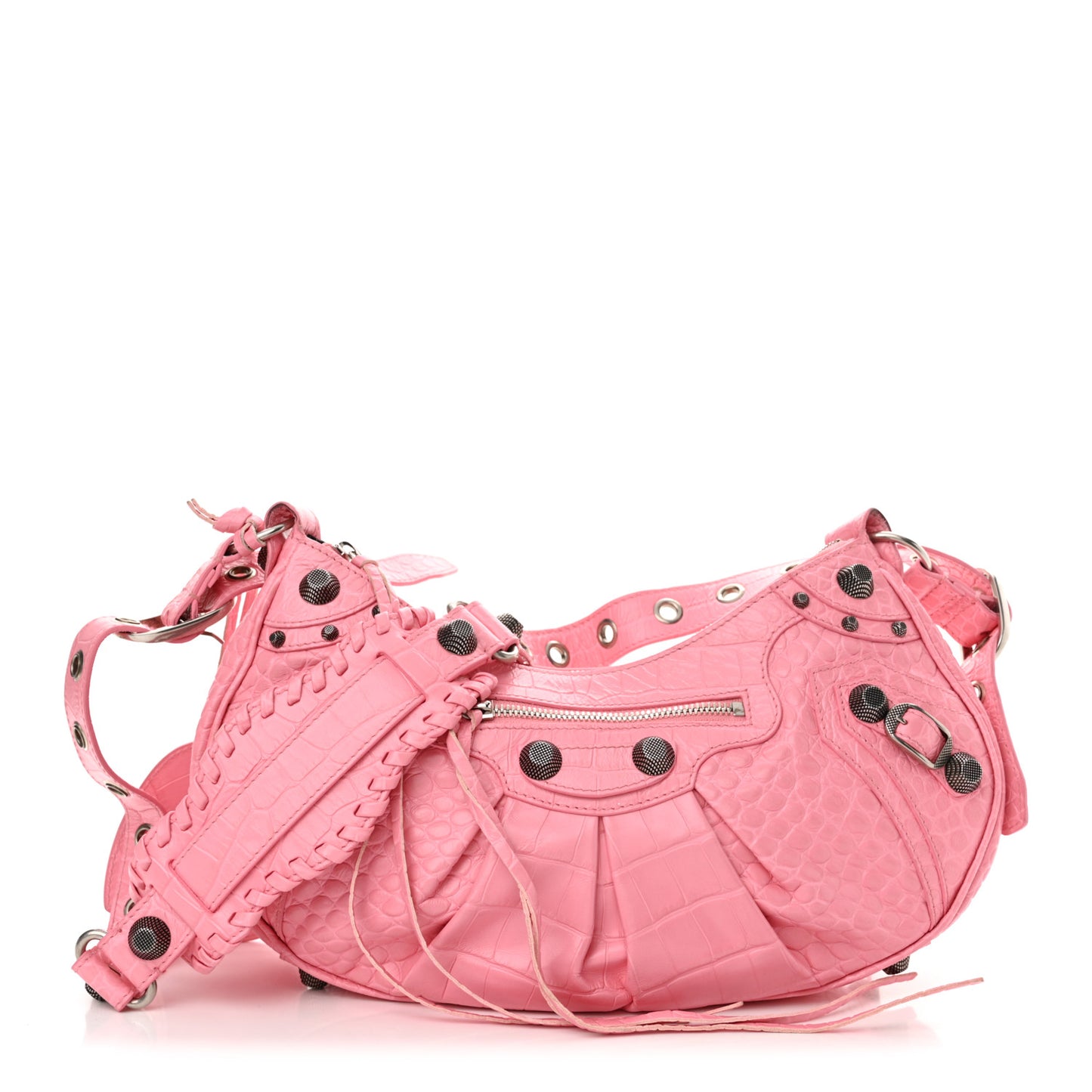 Extra Supple Calfskin Crocodile Embossed Small Le Cagole Shoulder Bag Sweet Pink