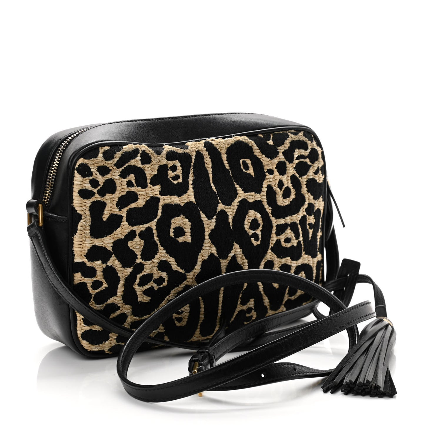 Raffia Calfskin Leopard Print Monogram Lou Camera Bag Natural Beige Black
