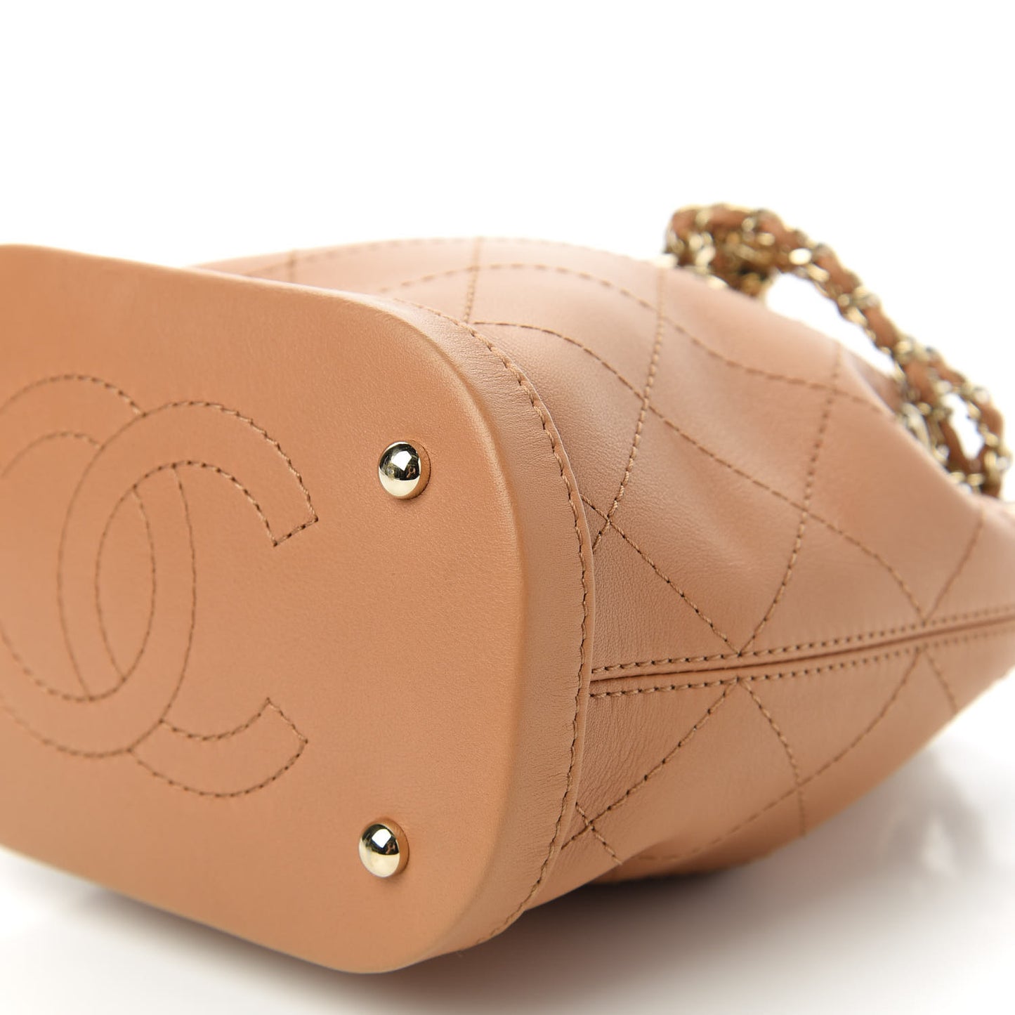Calfskin Stitched Chain Bucket Bag Camel