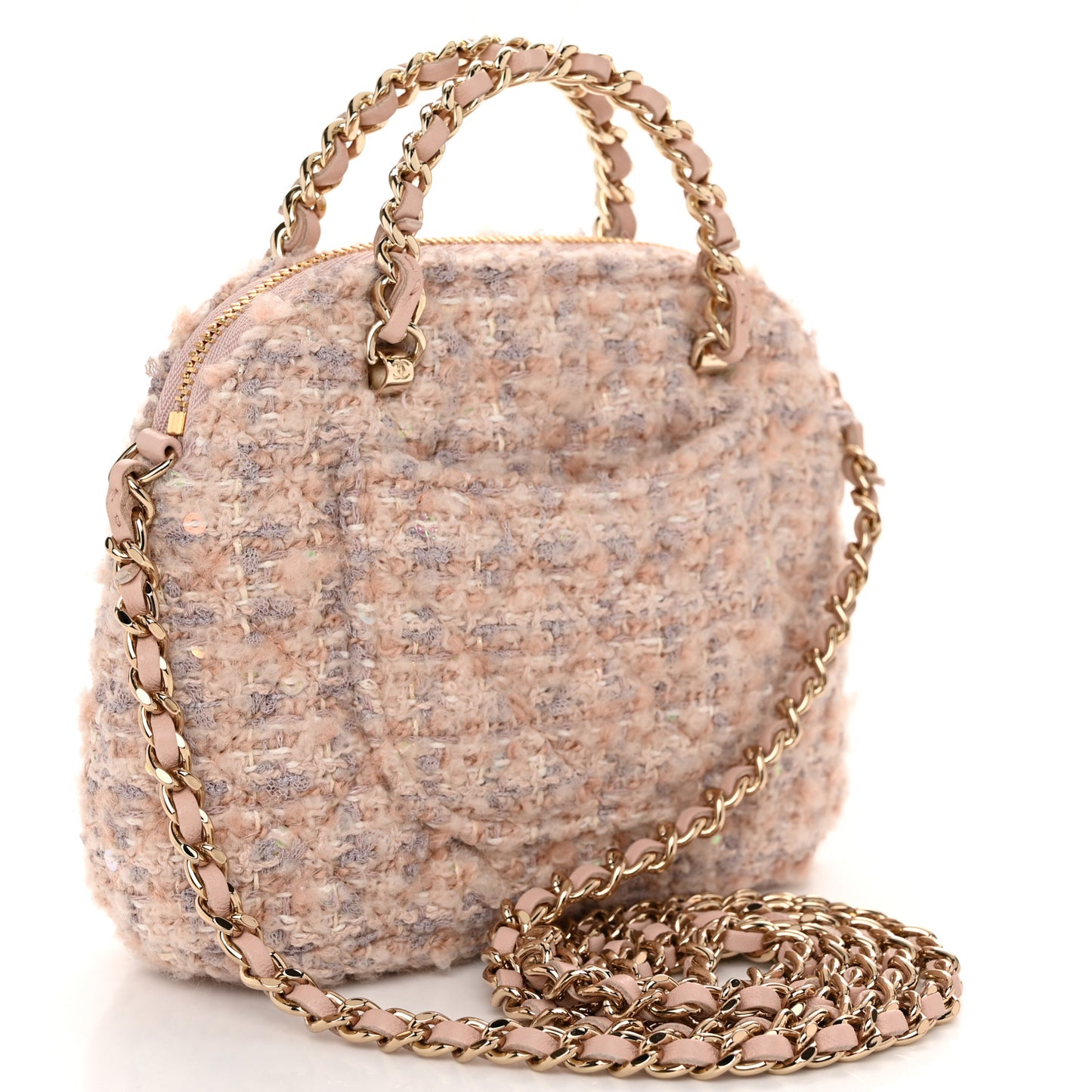 Cotton Wool Tweed Sequin Quilted Shiny Coco Clutch With Chain Light Pink Beige Ecru