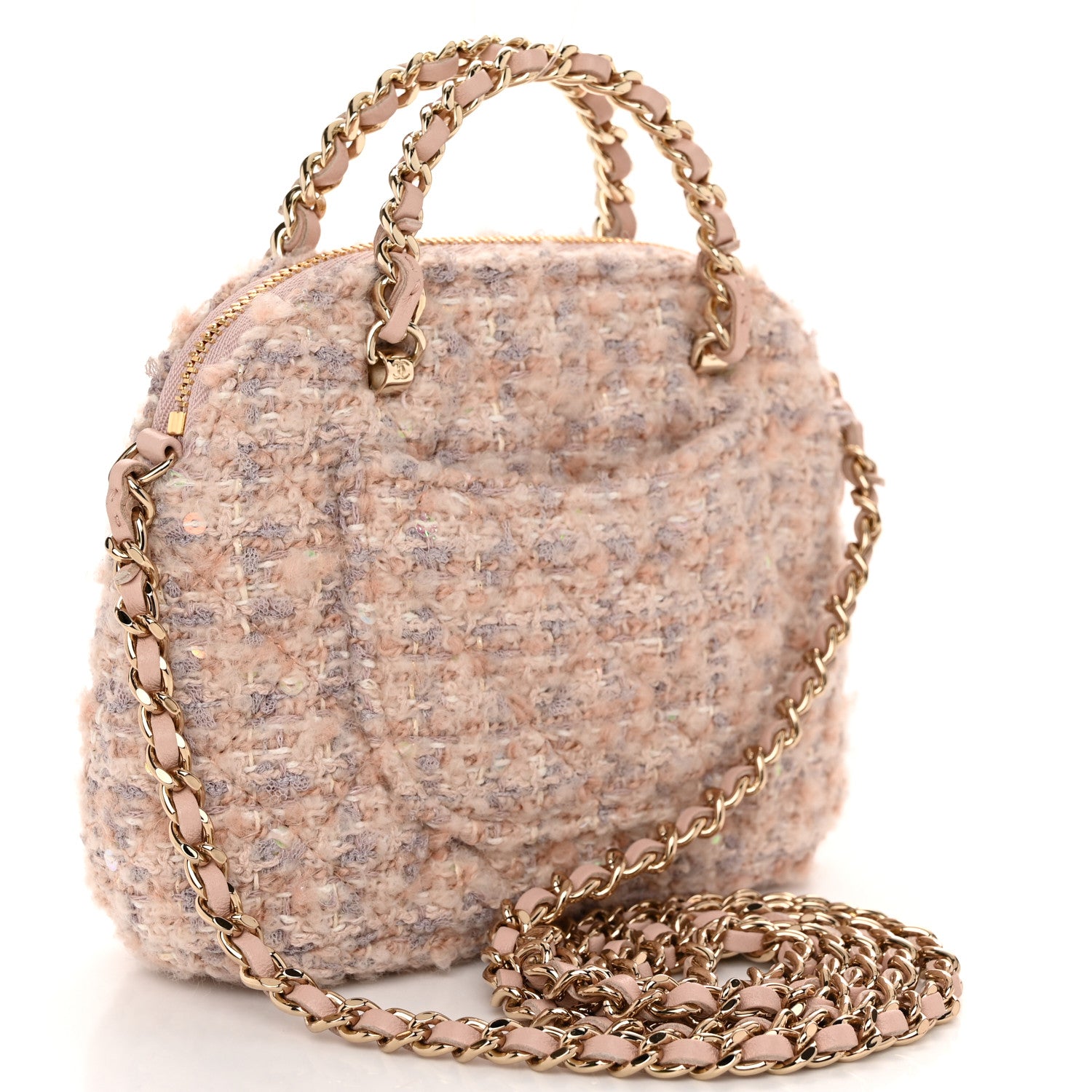 Chanel Cotton Wool Tweed Sequin Quilted Shiny Coco Clutch With Chain Light Pink Beige Ecru 3 of 10