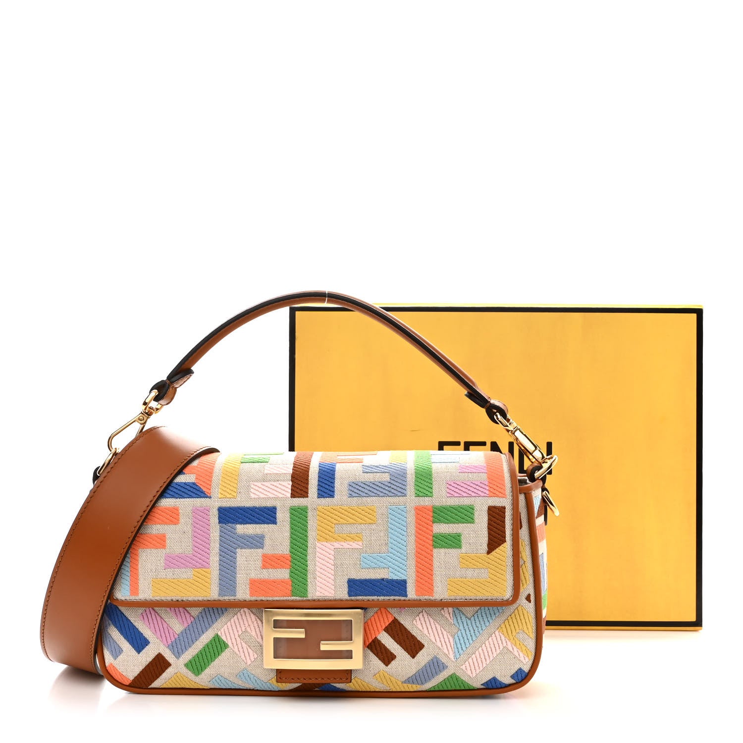 Fendi Kuban Canvas Vitello King FF Embroidered Baguette Grezzo Multicolor 12 of 12