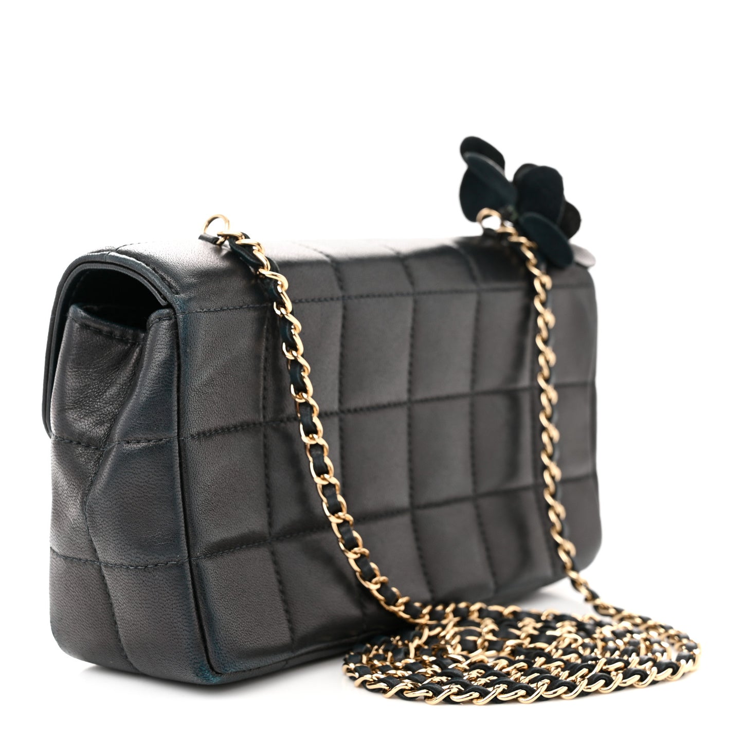 Lambskin Quilted Mini Chocolate Bar Camellia Flap Black