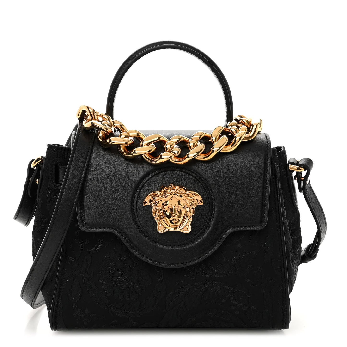 Calfskin Lurex Cloquet Small La Medusa Chain Top Handle Handbag Black