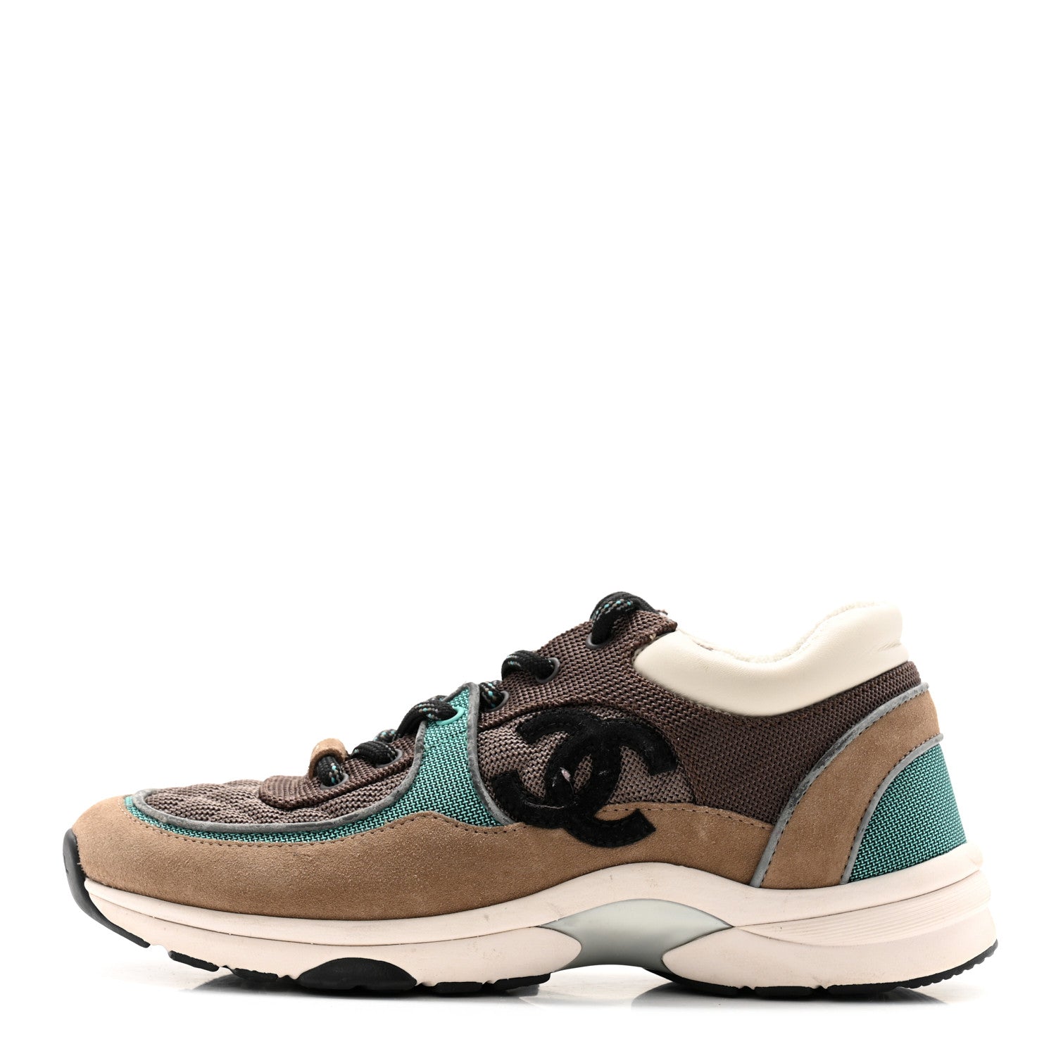 Chanel Nylon Calfskin Suede Womens CC Sneakers 39 Brown Green