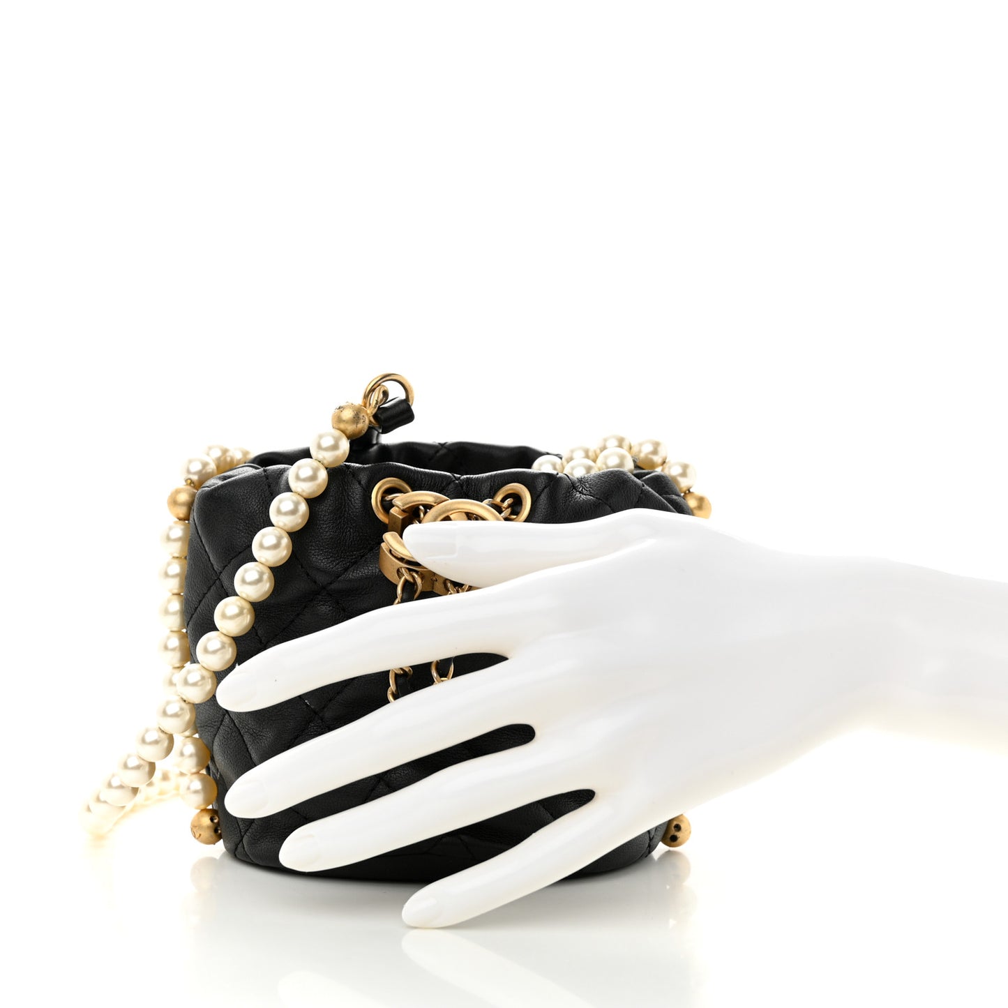 Calfskin Quilted Pearl Mini About Pearls Drawstring Bucket Bag Black