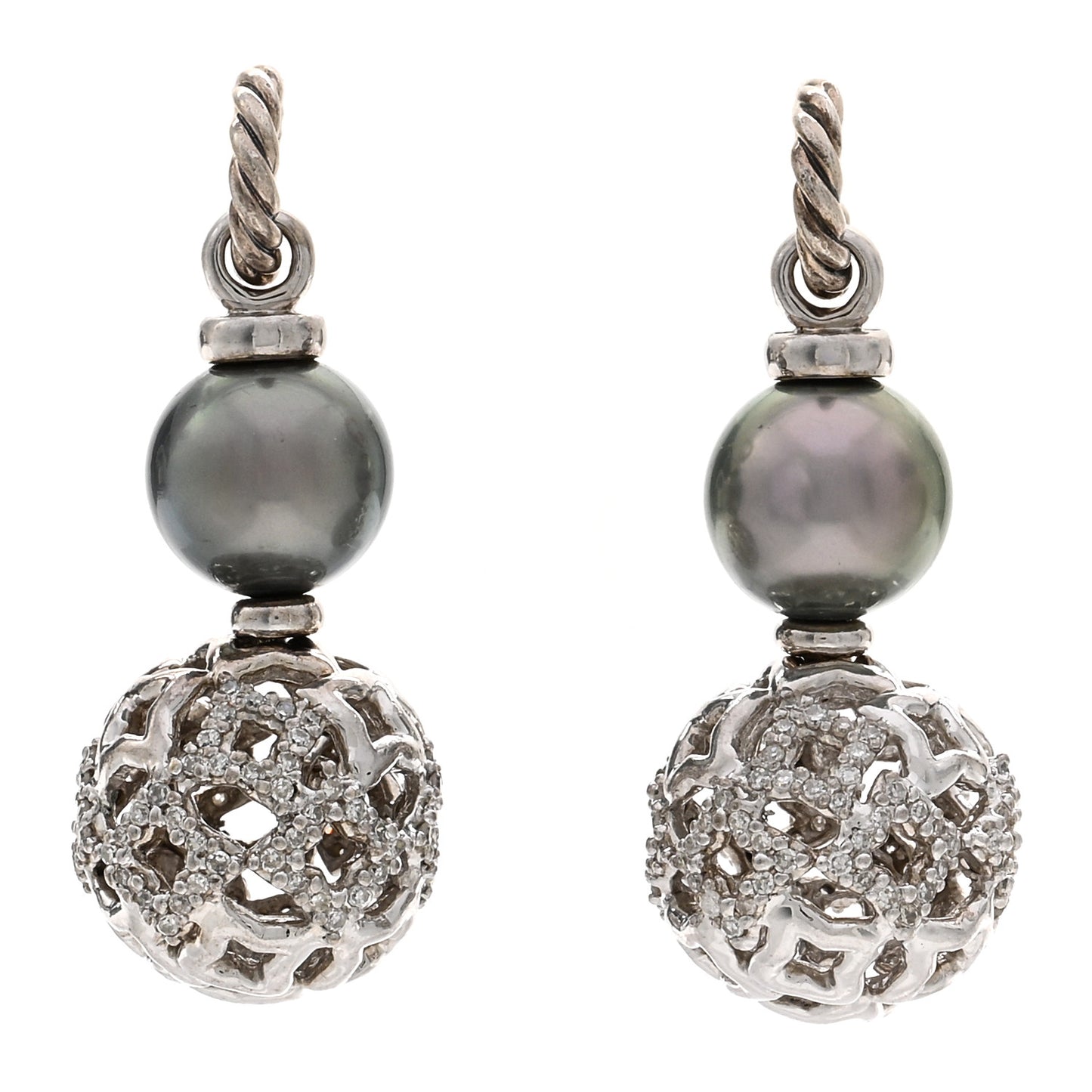 DAVID YURMAN Sterling Silver Diamond Tahitian Pearl Quatrafoil Drop Earrings