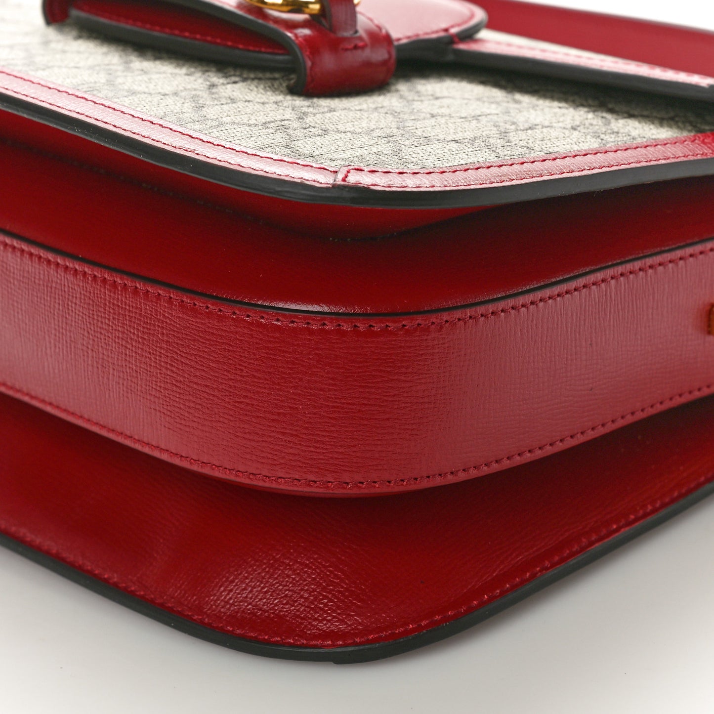 GG Supreme Monogram Azalea Calfskin Horsebit 1955 Shoulder Bag Beige Ebony New Cherry Red