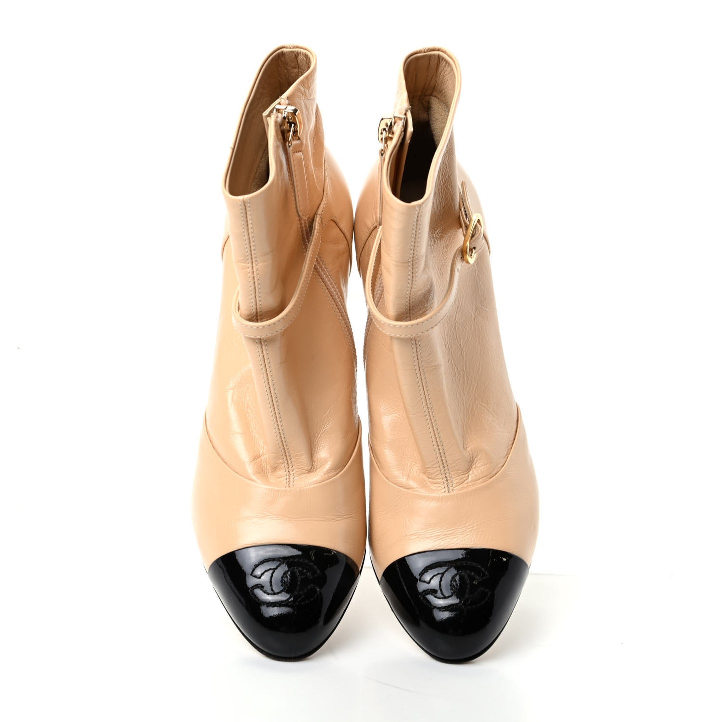 Crumpled Calfskin Patent CC Cap Toe Short Boots 35 Beige Black