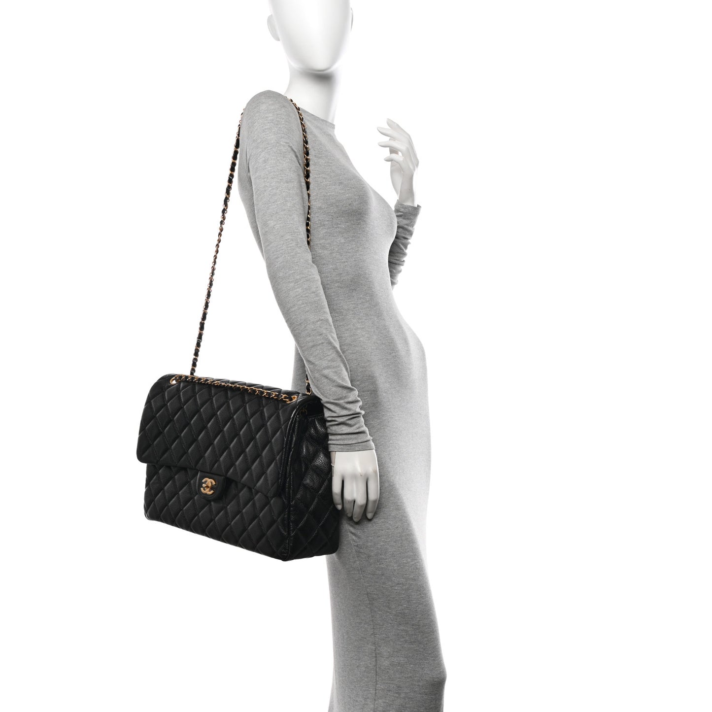 Grained Calfskin Quilted XXL Travel Flap Bag Black