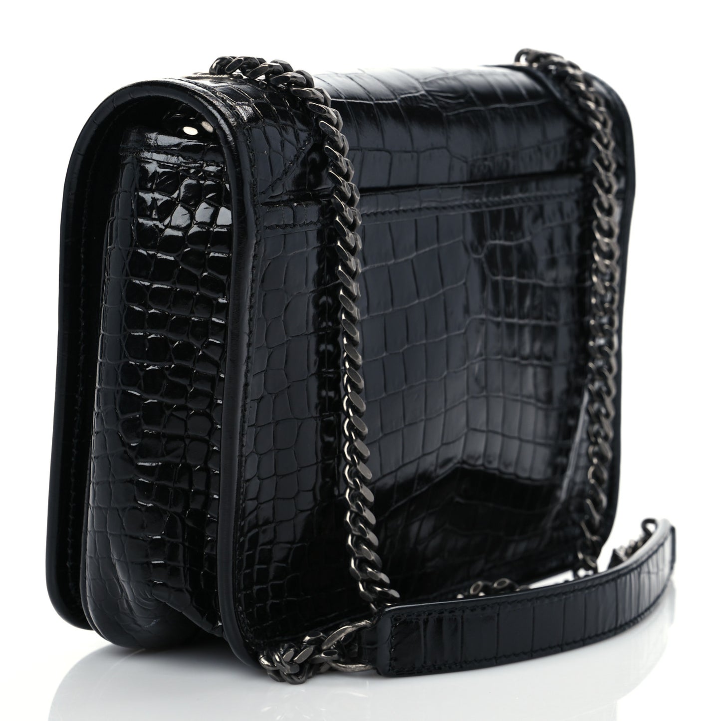 Crocodile Embossed Lambskin Matelasse Monogram Niki Chain Wallet Black