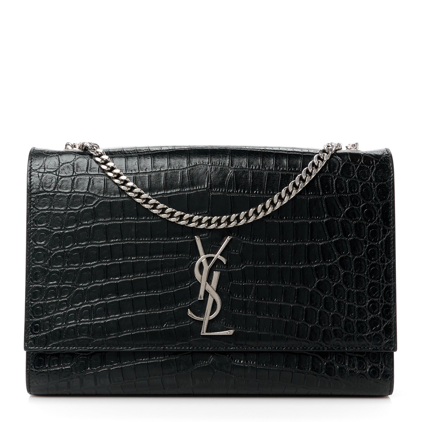 Calfskin Crocodile Embossed Large Classic Monogram Kate Satchel Black