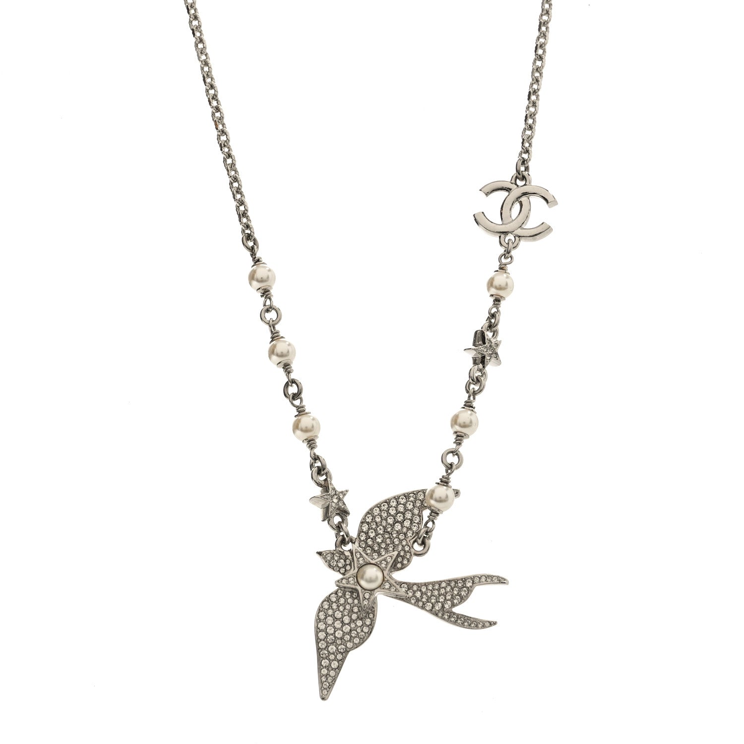 Chanel Pearl Crystal CC Star Bird Necklace Silver Pearly White