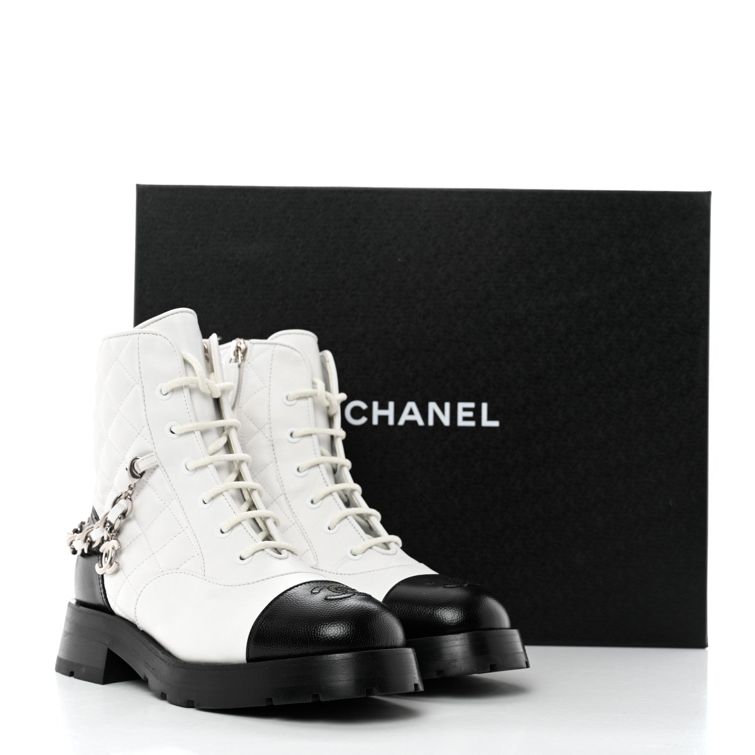 Chanel Caviar Calfskin Quilted Chain Lace Up Combat Boots 35.5 White Black 9 of 9