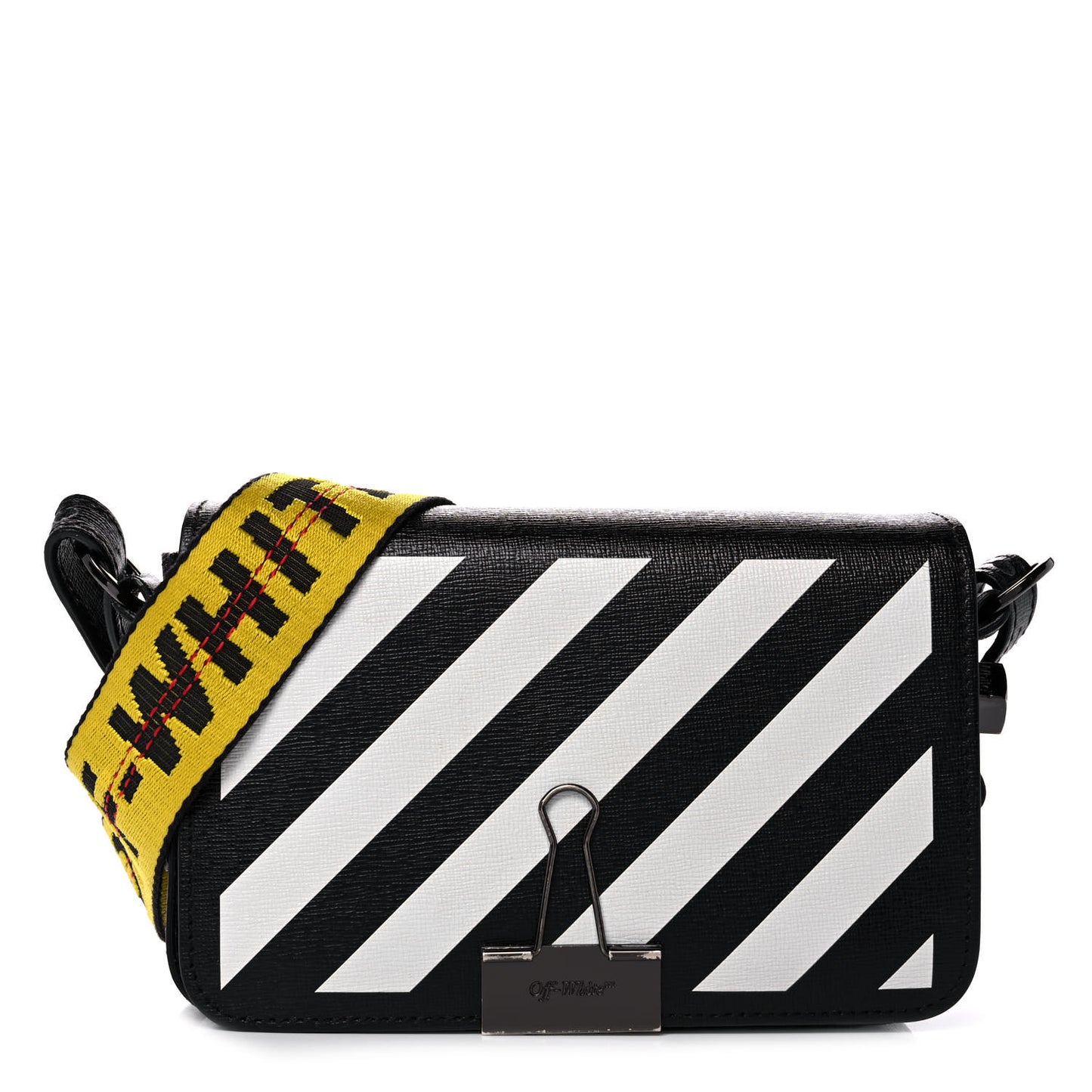 Saffiano Striped Mini Diag Binder Clip Bag Black White Yellow