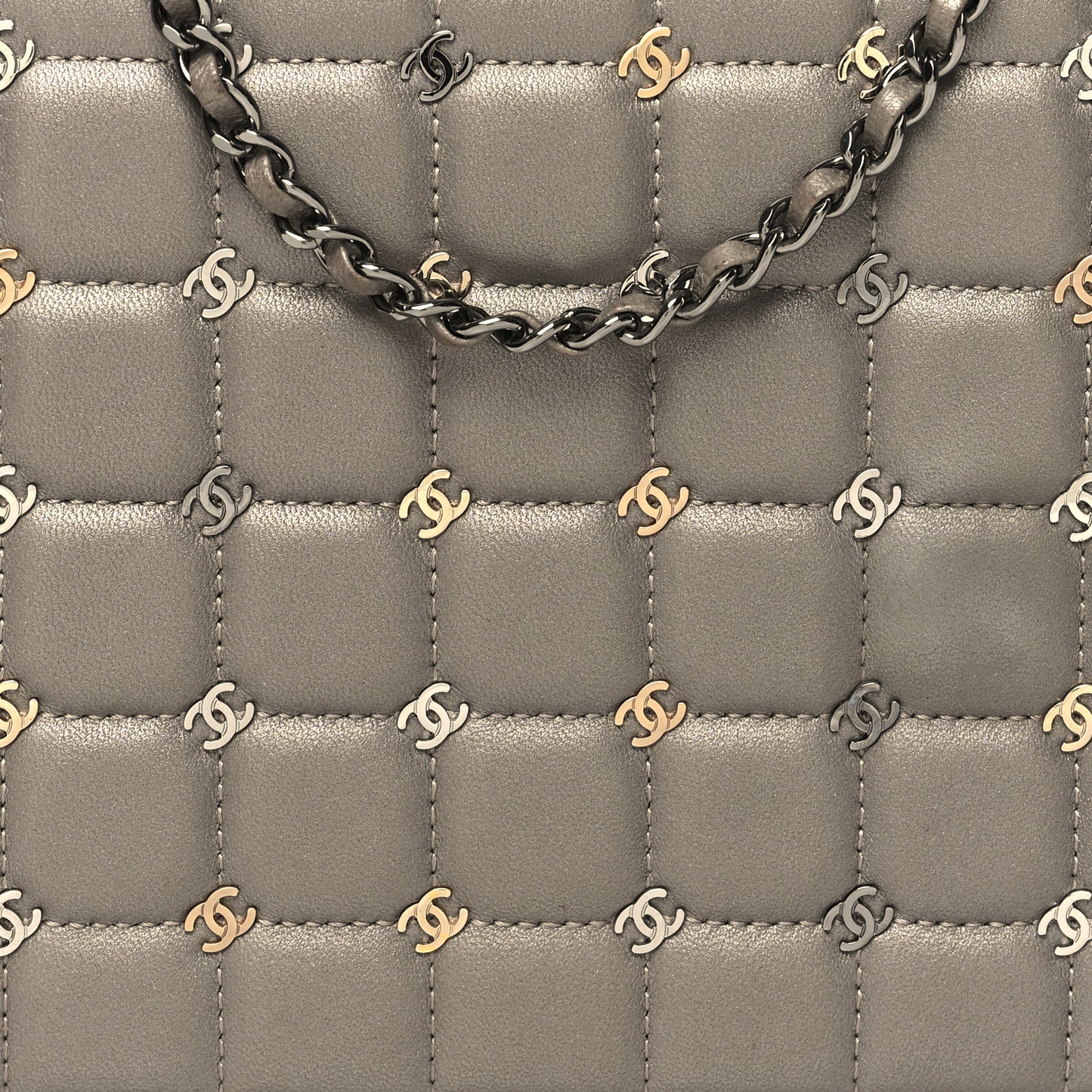 Lambskin Chocolate Bar Piercing CC Studded Small Chain Flap Bag Grey
