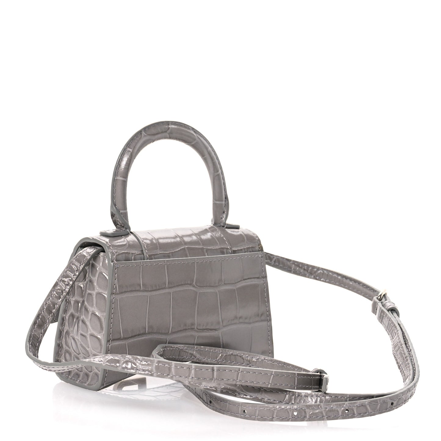 Shiny Calfskin Crocodile Embossed Hourglass Top Handle Bag Mini Steel Grey