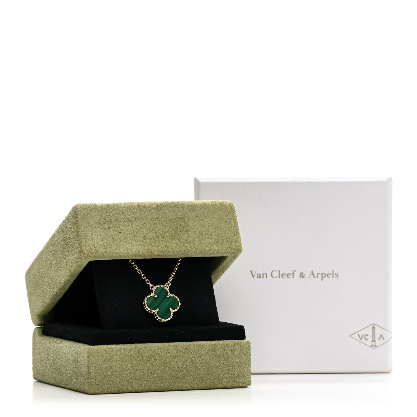 18K Yellow Gold Malachite Vintage Alhambra Pendant Necklace
