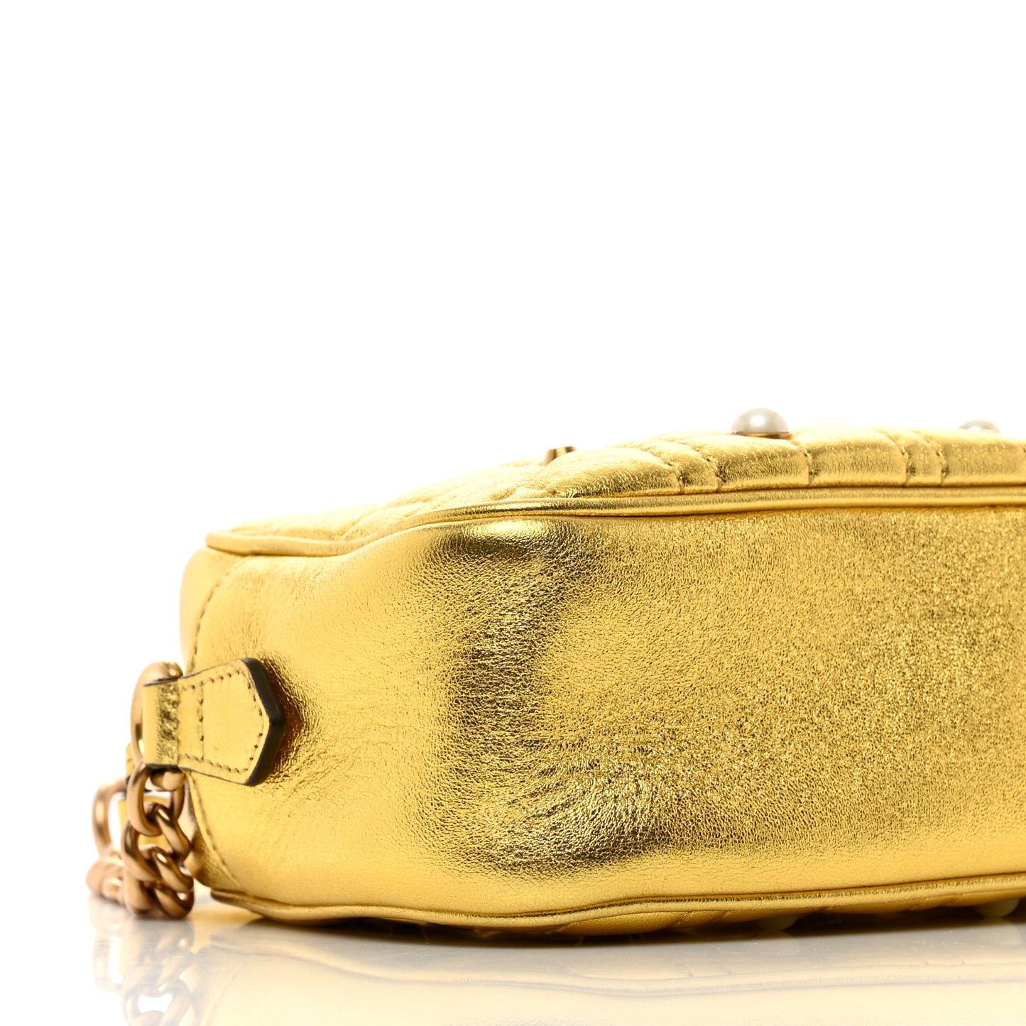 Metallic Calfskin Matelasse Studded Small Pearly GG Marmont Chain Shoulder Bag Gold