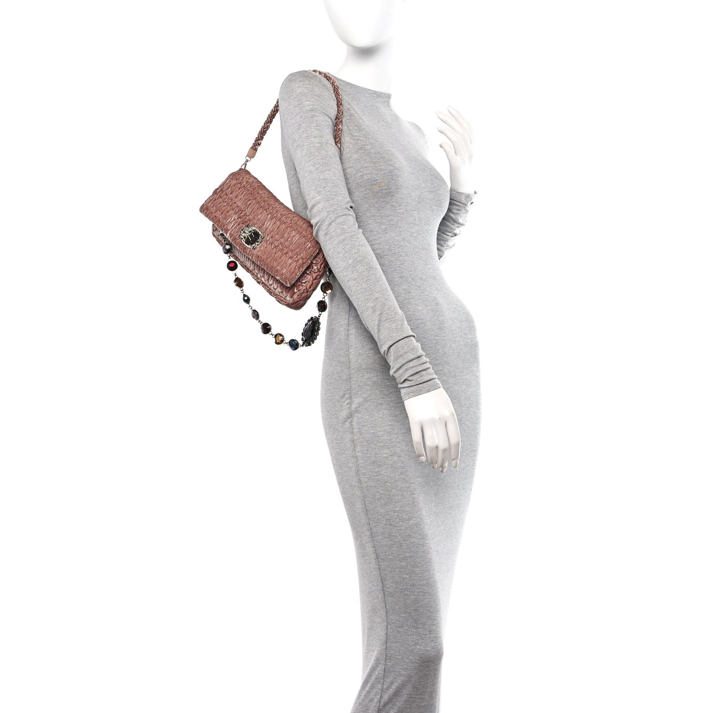 Velvet Matelasse Crystal Chain Shoulder Bag Cammeo