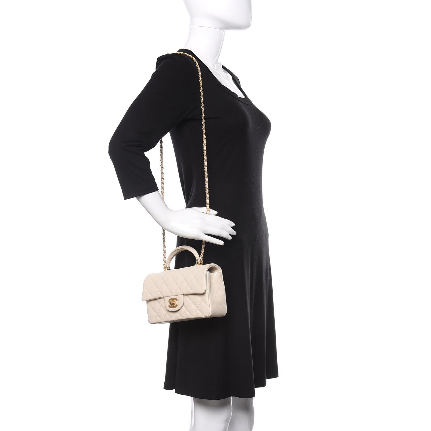 Caviar Quilted Mini Top Handle Rectangular Flap Beige