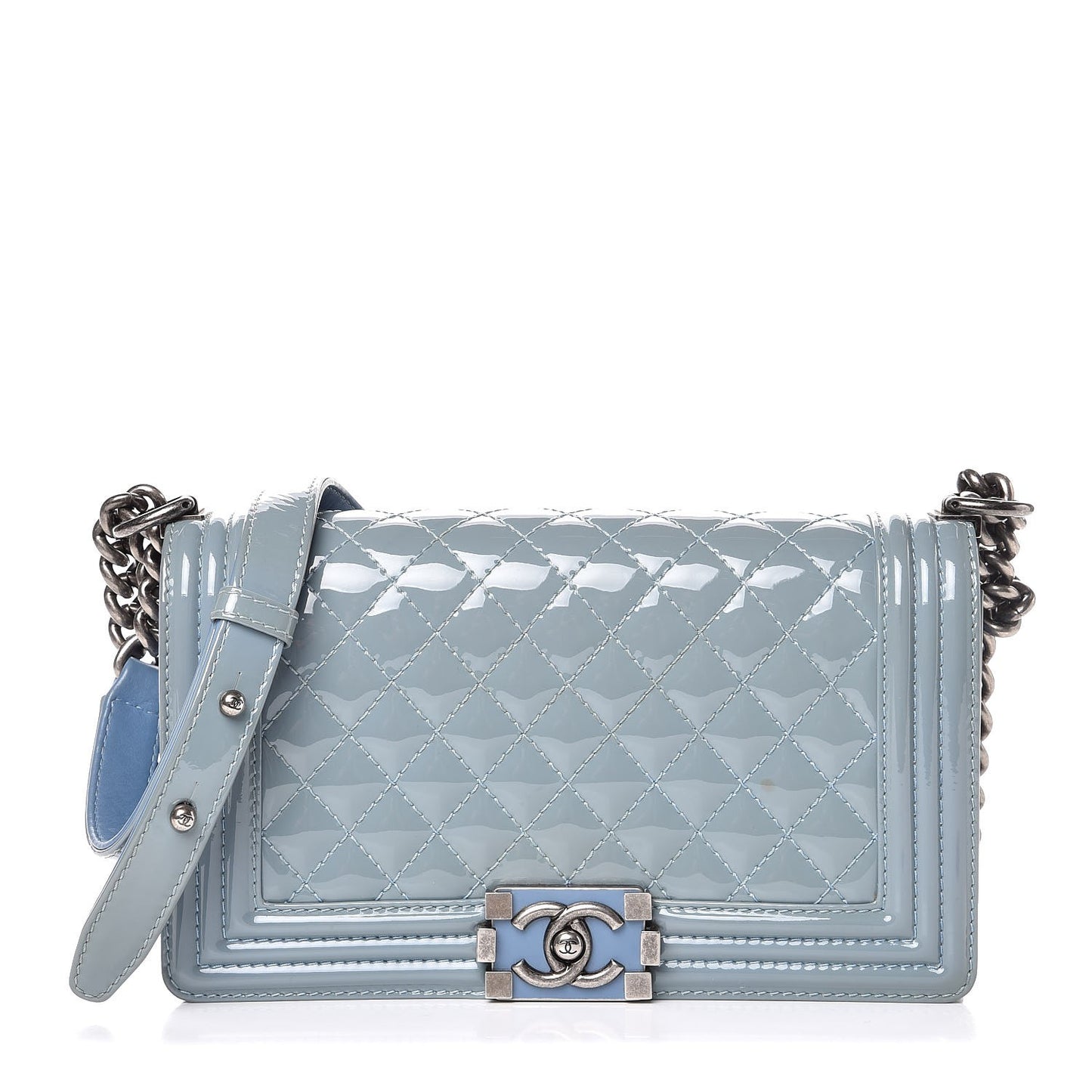 Patent Calfskin Medium Plexiglass Boy Flap Light Blue