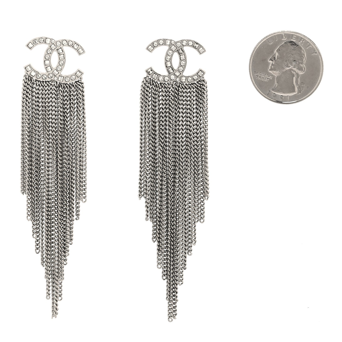 Baguette Crystal CC Chain Drop Earrings Silver