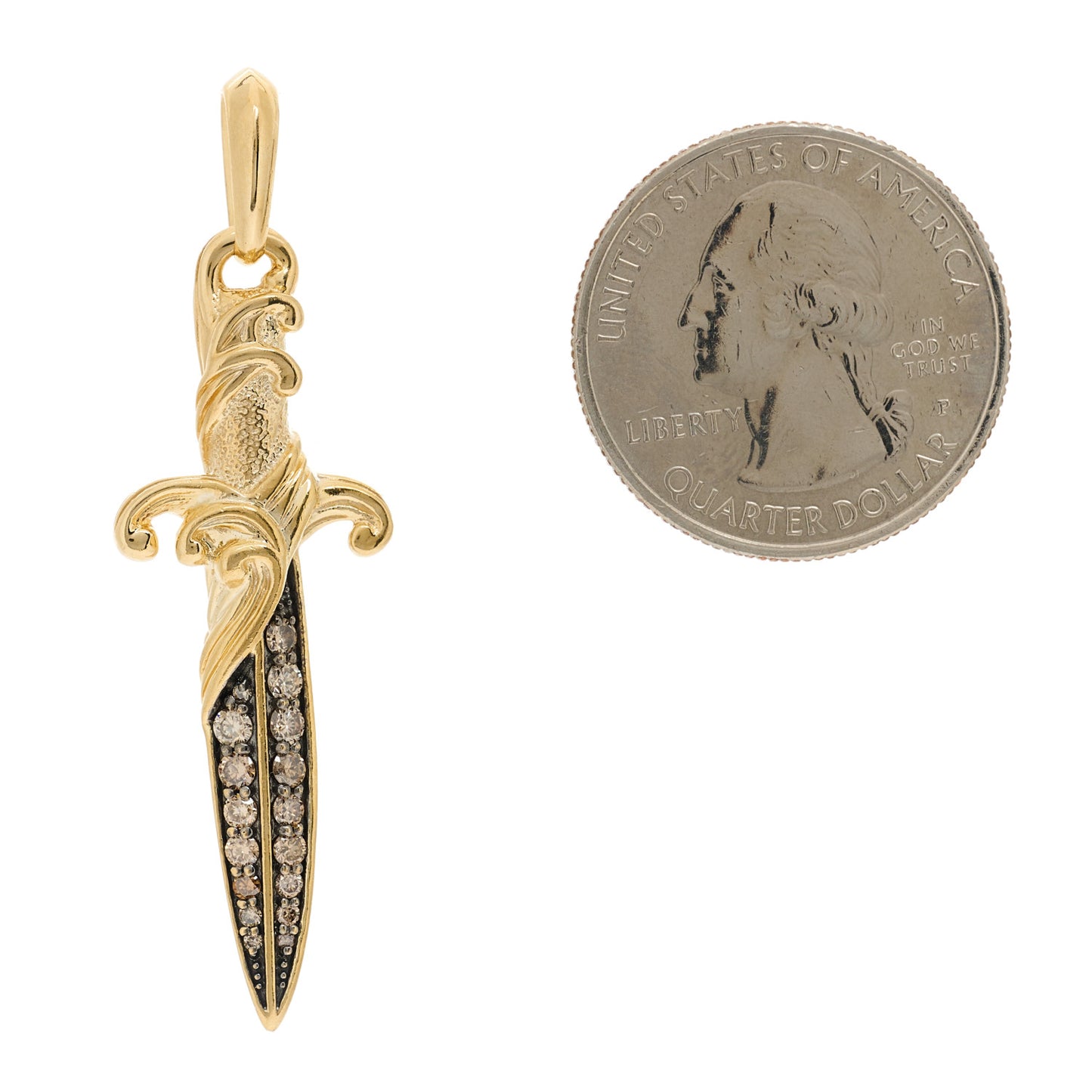 18K Yellow Gold Cognac Diamond Mens Waves Dagger Amulet Pendant