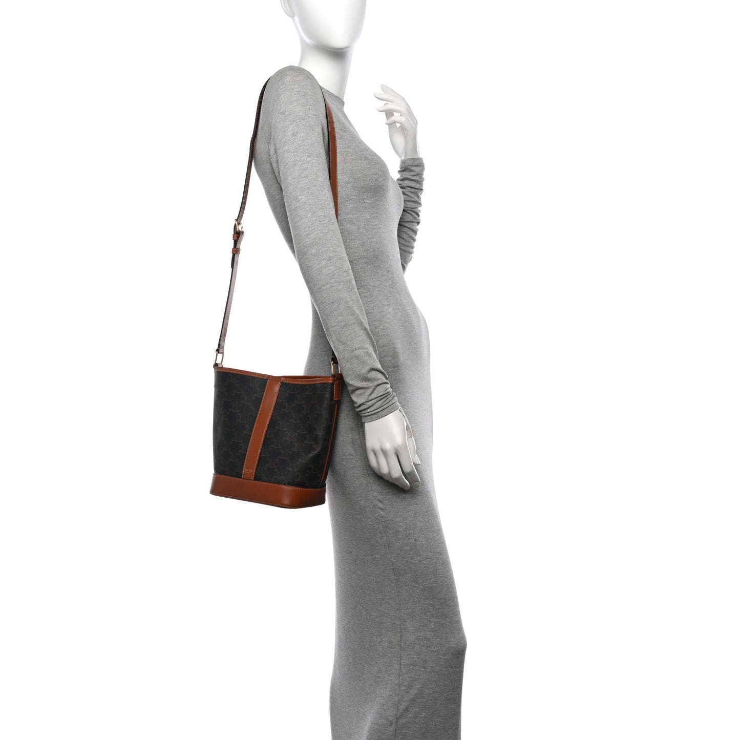 Triomphe Canvas Calfskin Small Bucket Bag Tan