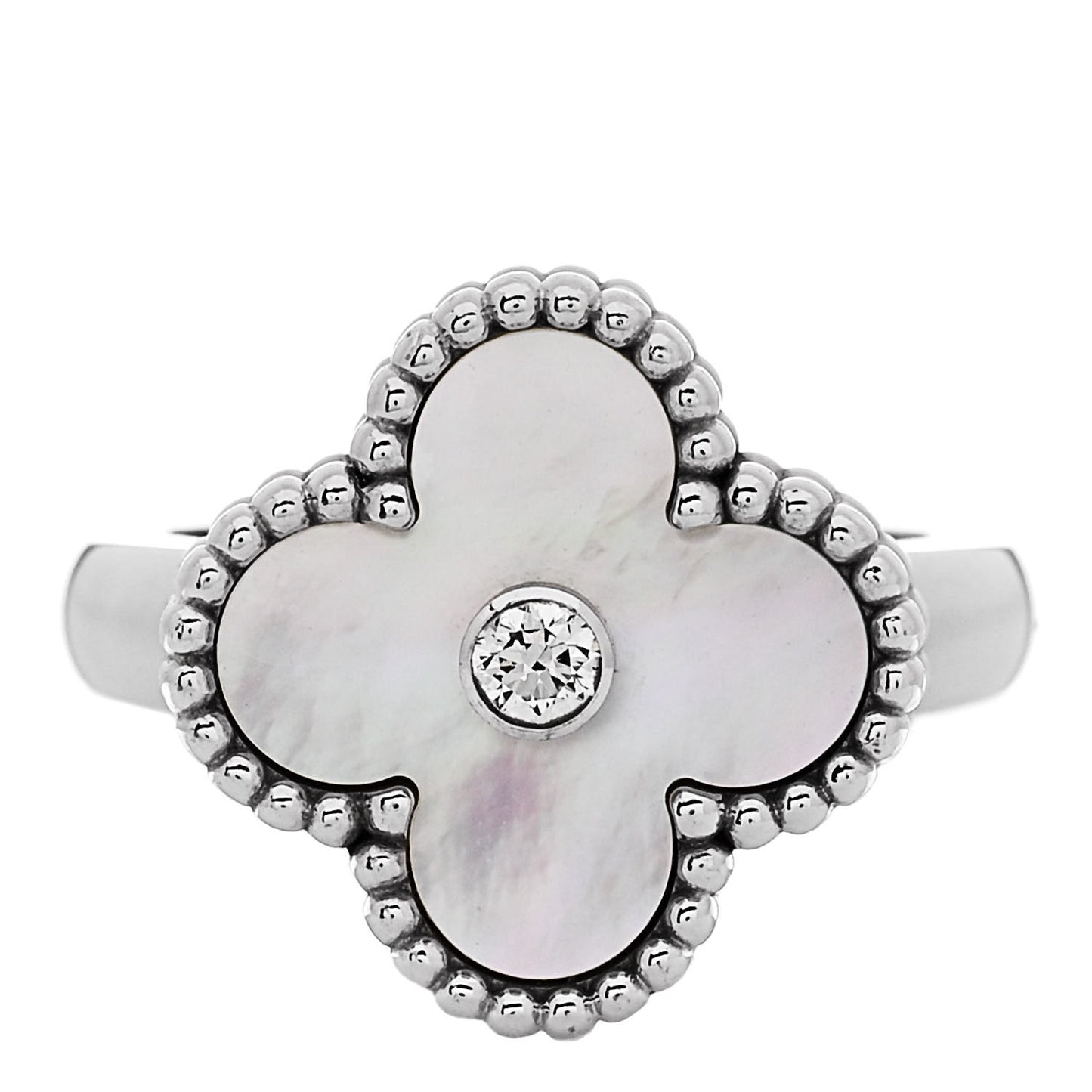 18K White Gold Diamond Mother of Pearl Vintage Alhambra Ring 49 4.75