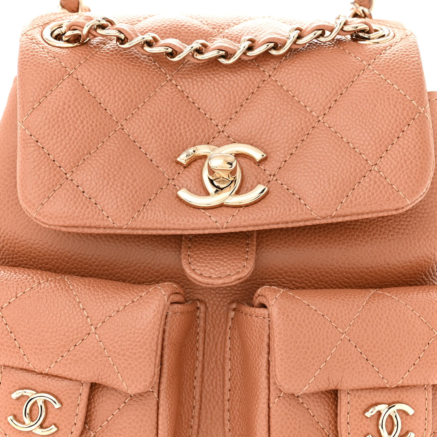 Shiny Caviar Quilted Small Duma Pockets Drawstring Backpack Dark Beige