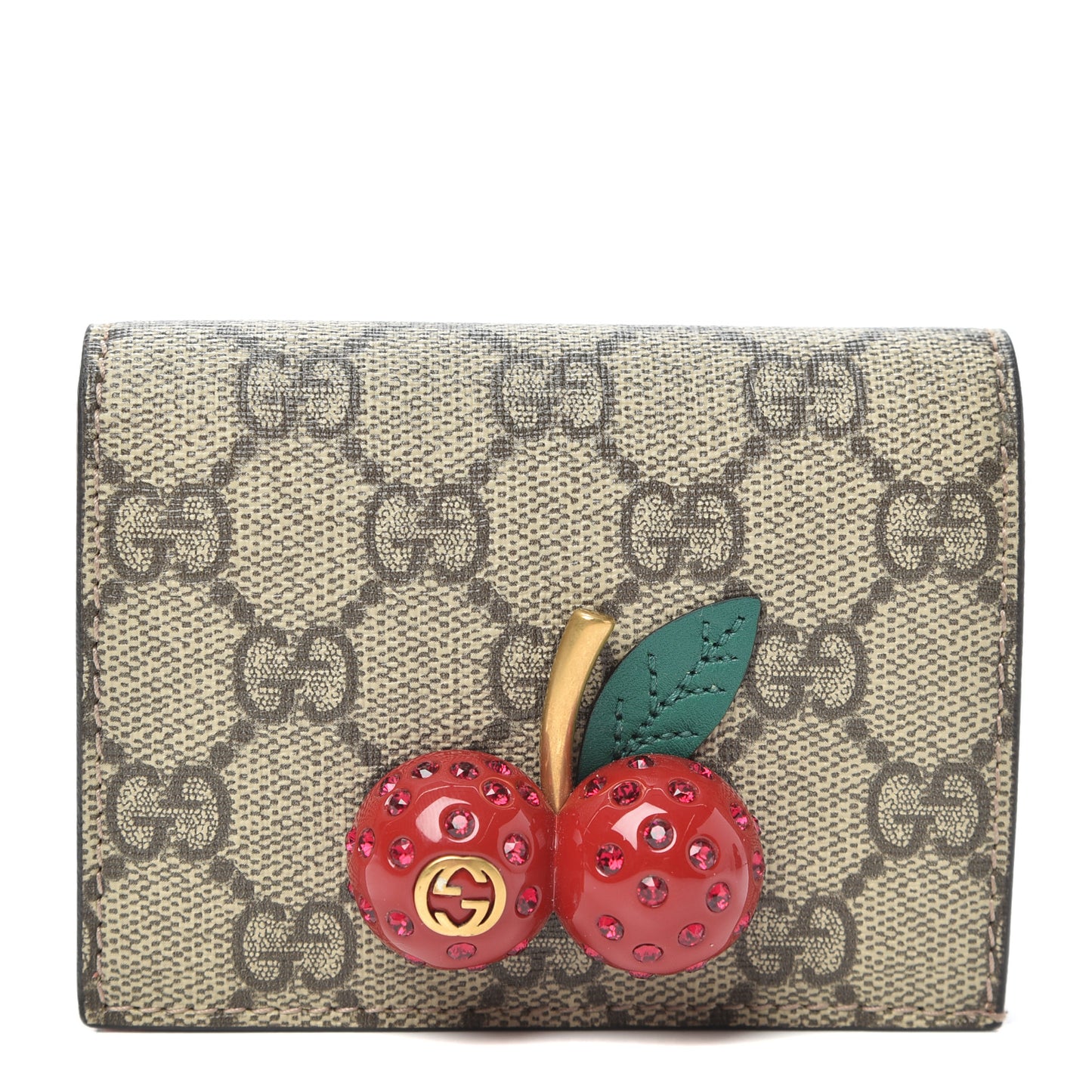 GG Supreme Monogram Cherry Embellished Card Case Wallet Hibiscus Red