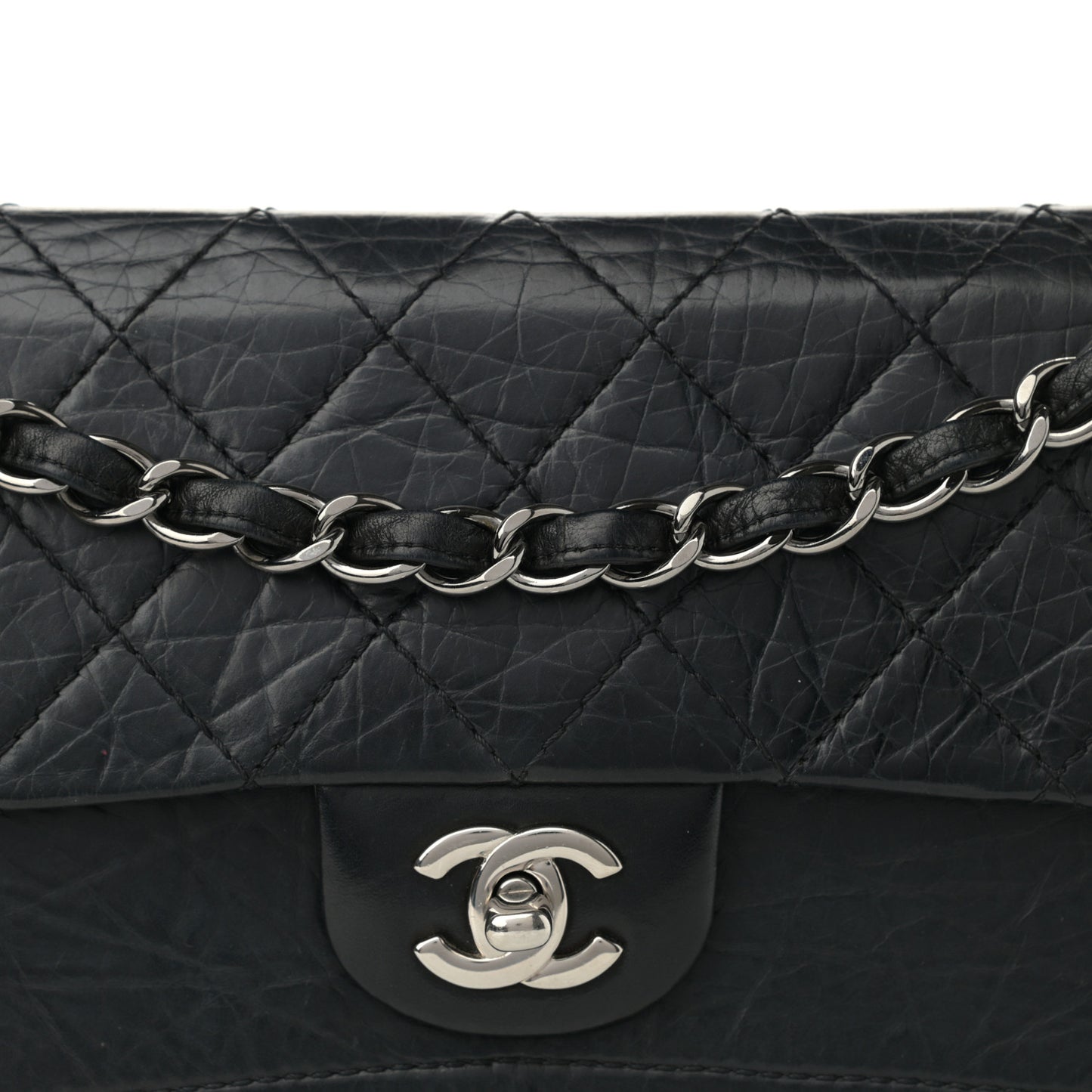 Aged Calfskin Quilted Medium Double Flap Black