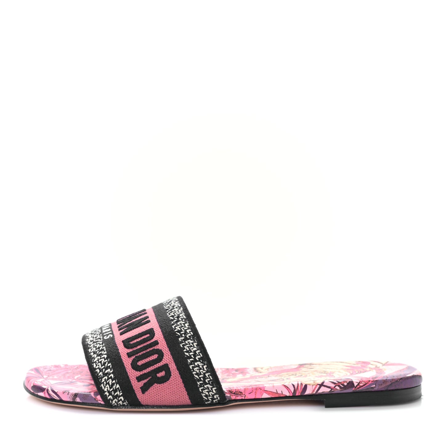 Canvas Toile de Jouy Pop Embroidered Dway Flat Slide Sandals 36 Black Pink Multicolor