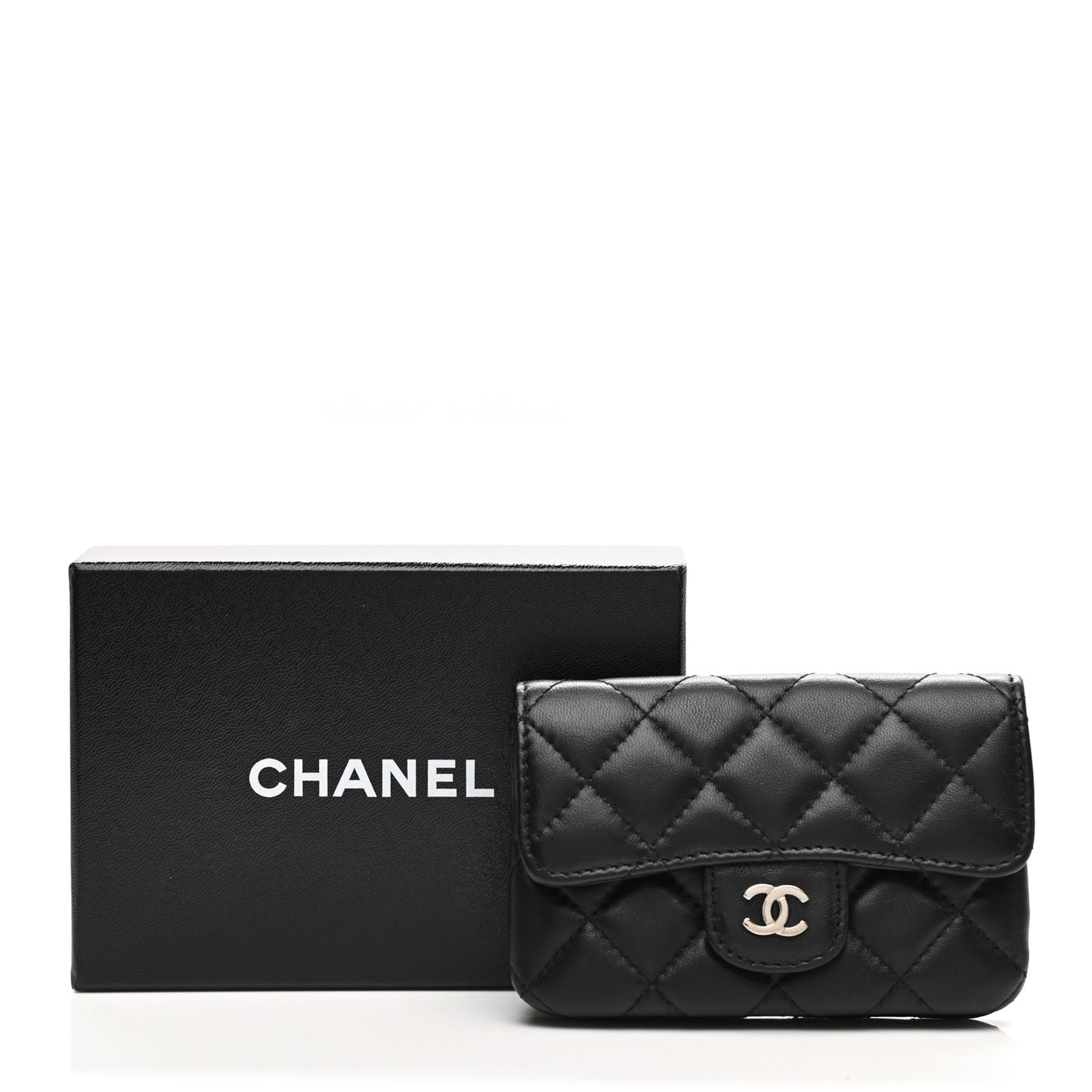 Lambskin Quilted Zip Card Holder Black