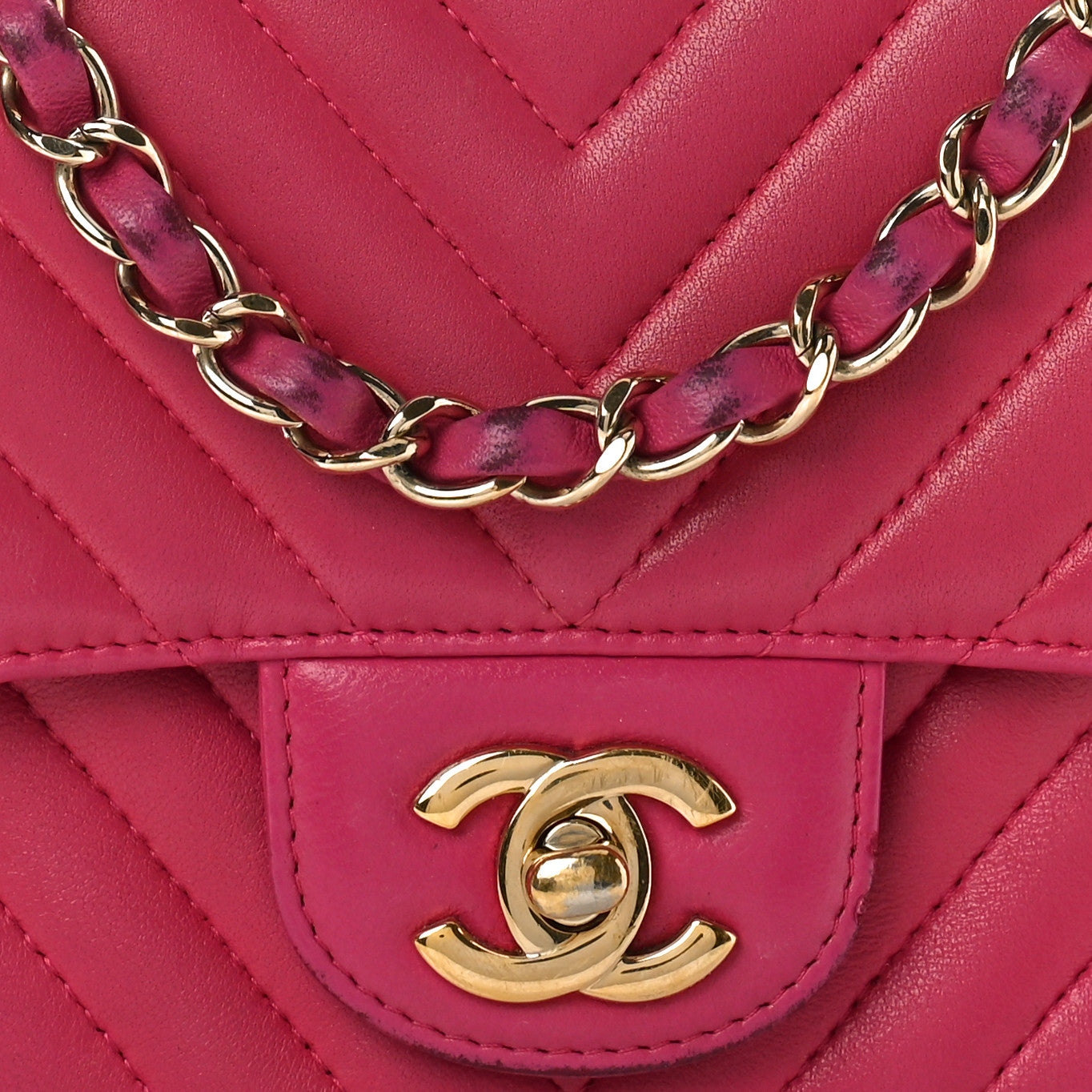 Lambskin Chevron Quilted Mini Square Flap Fuchsia