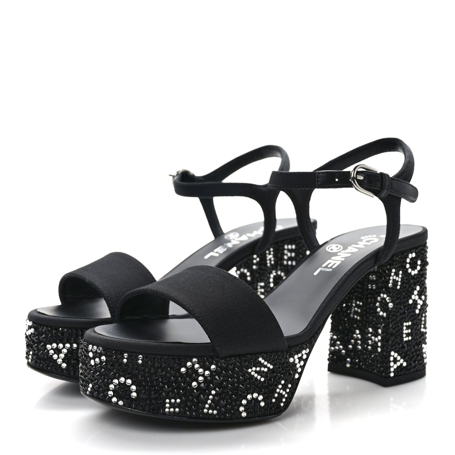 Grosgrain Strass Logo Platform Sandals 36.5 Black Silver